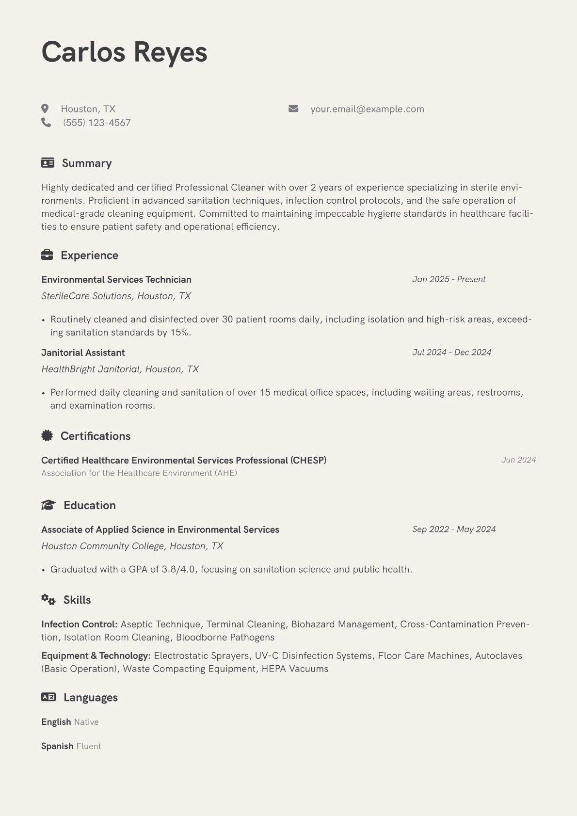 Professional Cleaner resume example, Healthcare Cleaning, page 1