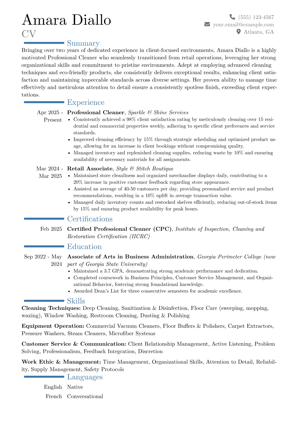 Professional Cleaner resume example, Career changer, page 1