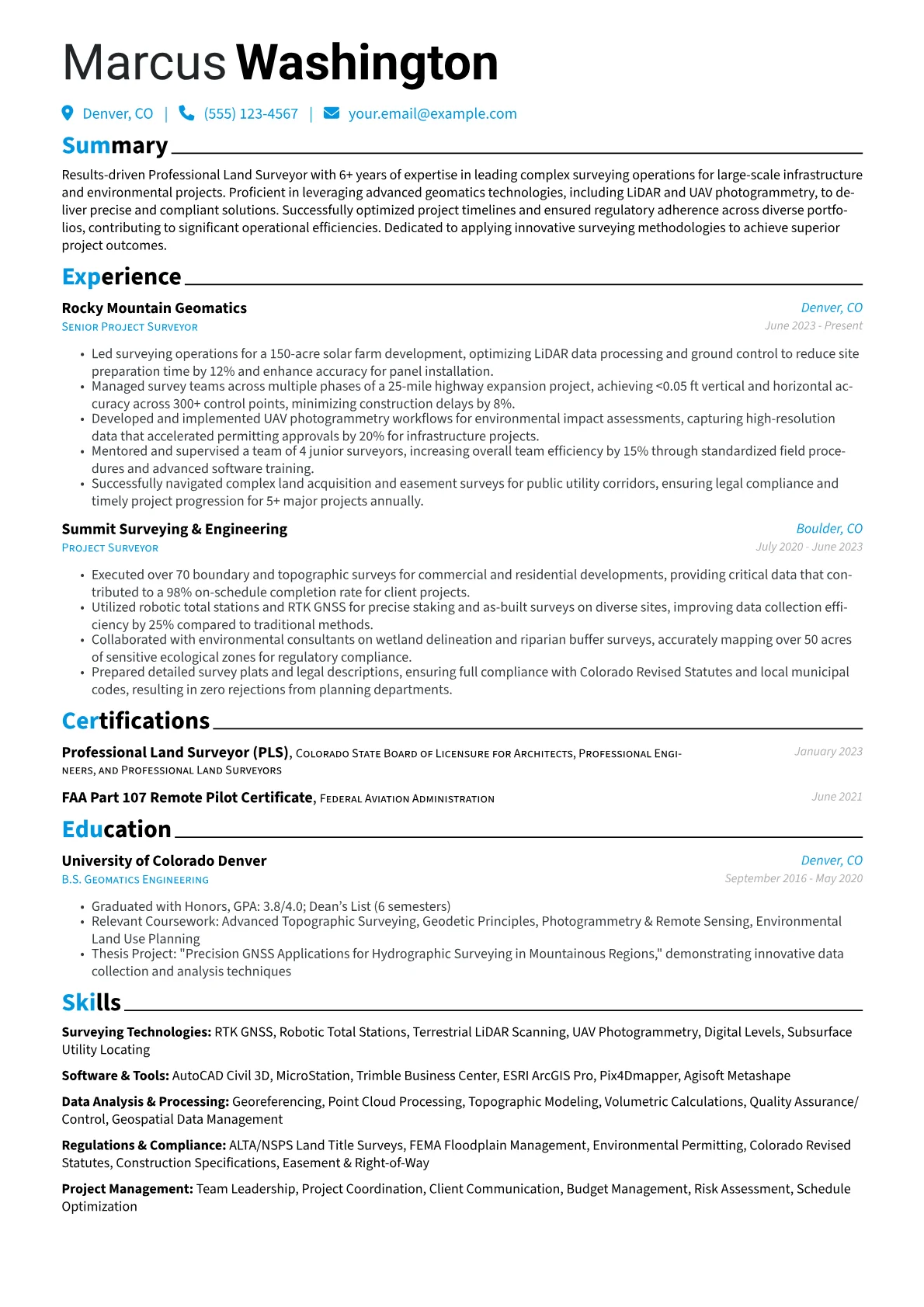 Professional Land Surveyor resume example, Large-Scale Infrastructure, page 1