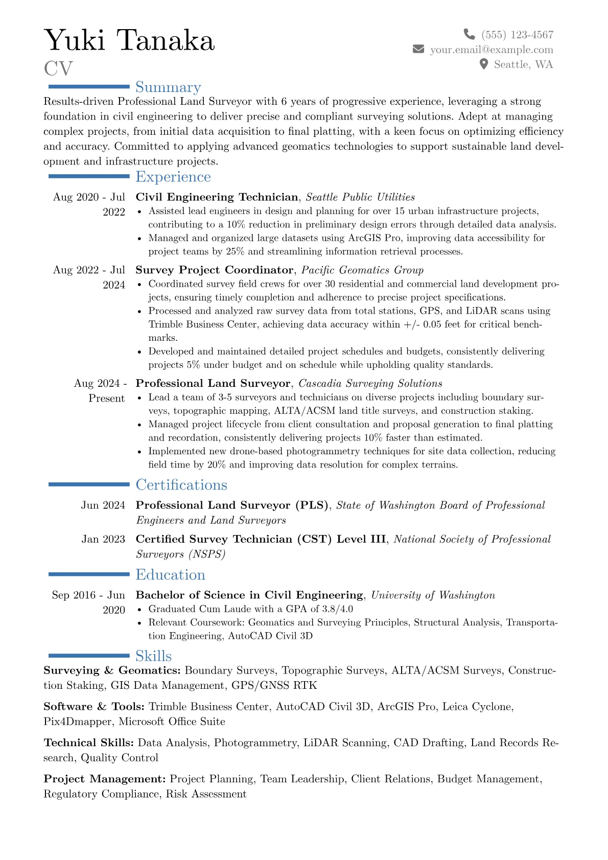Professional Land Surveyor resume example, Career changer, page 1