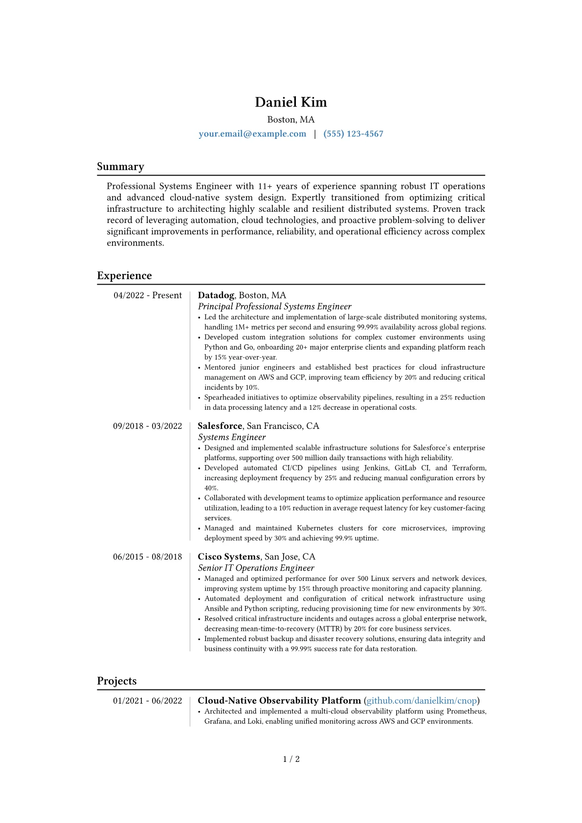 Professional Systems Engineer resume example, Career changer, page 1