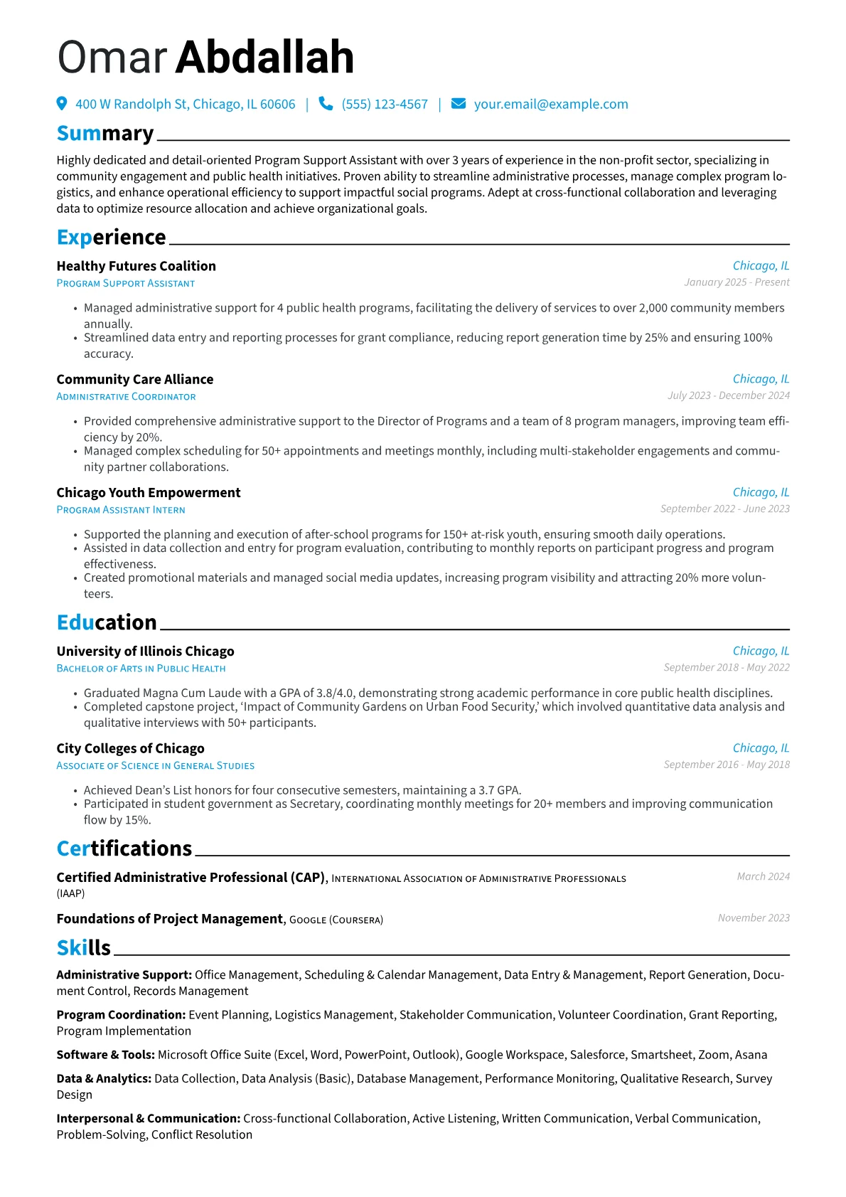 Program Support Assistant resume example, Administrative Support, page 1