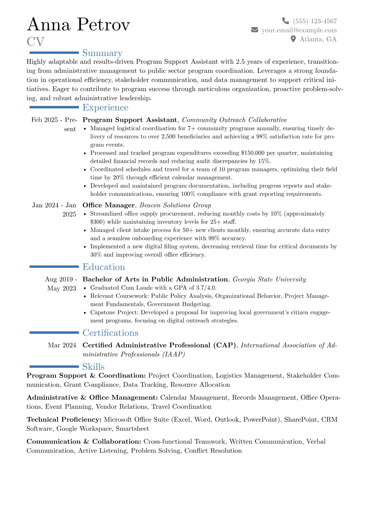 Program Support Assistant resume example, Career changer, page 1