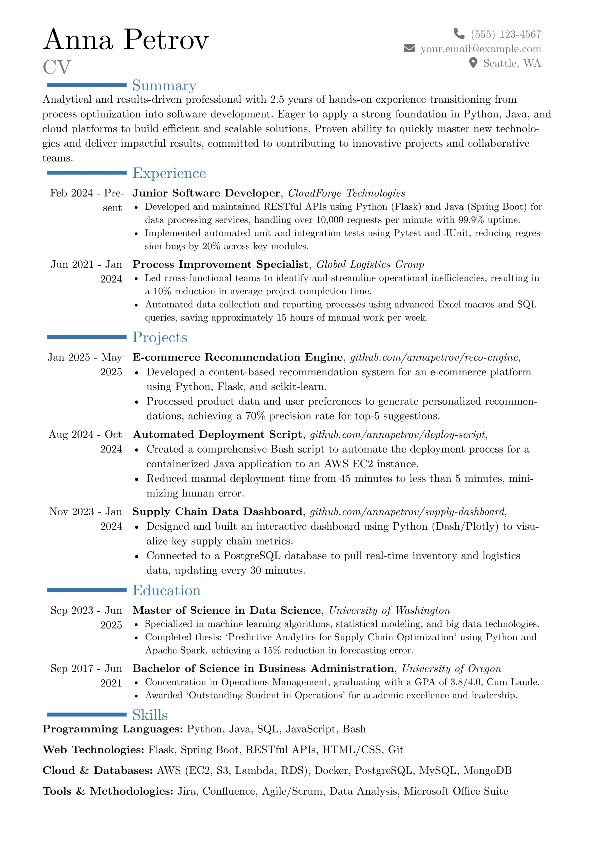 Programmer No Experience resume example, Career changer, page 1