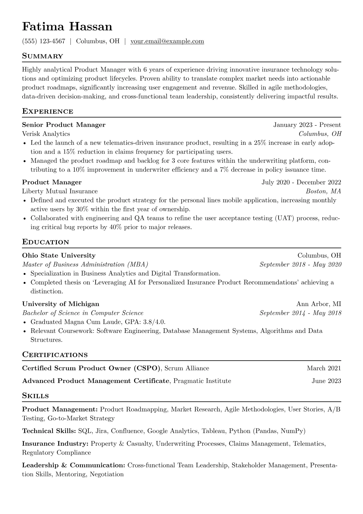 Progressive resume example, Product Manager Resume, page 1
