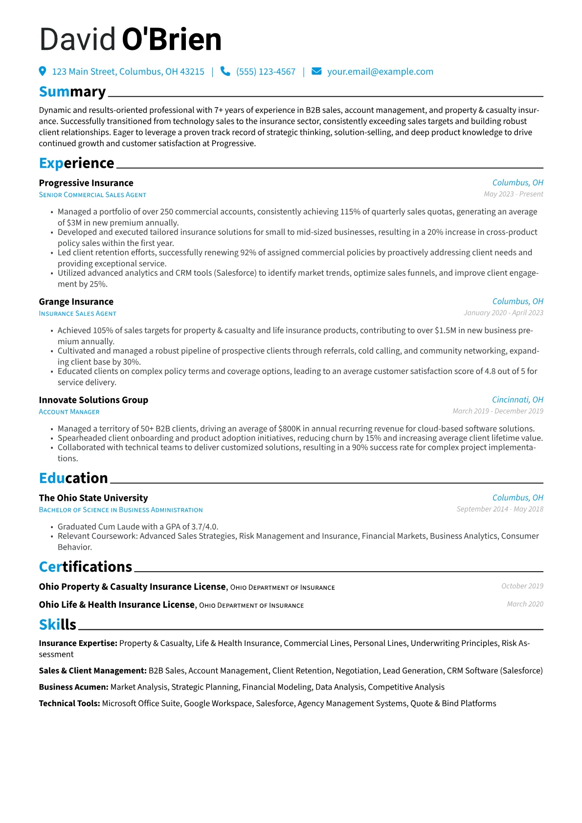 Progressive resume example, Career changer, page 1
