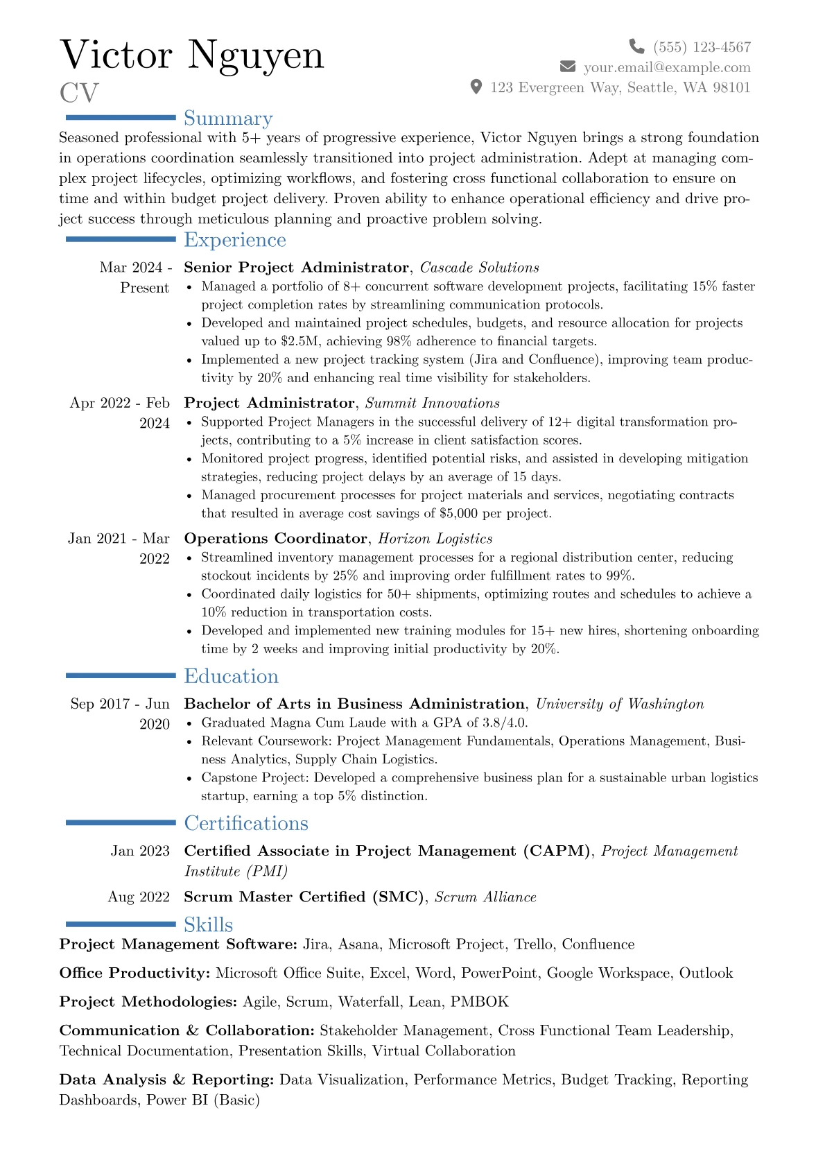 Project Administrator resume example, Career changer, page 1