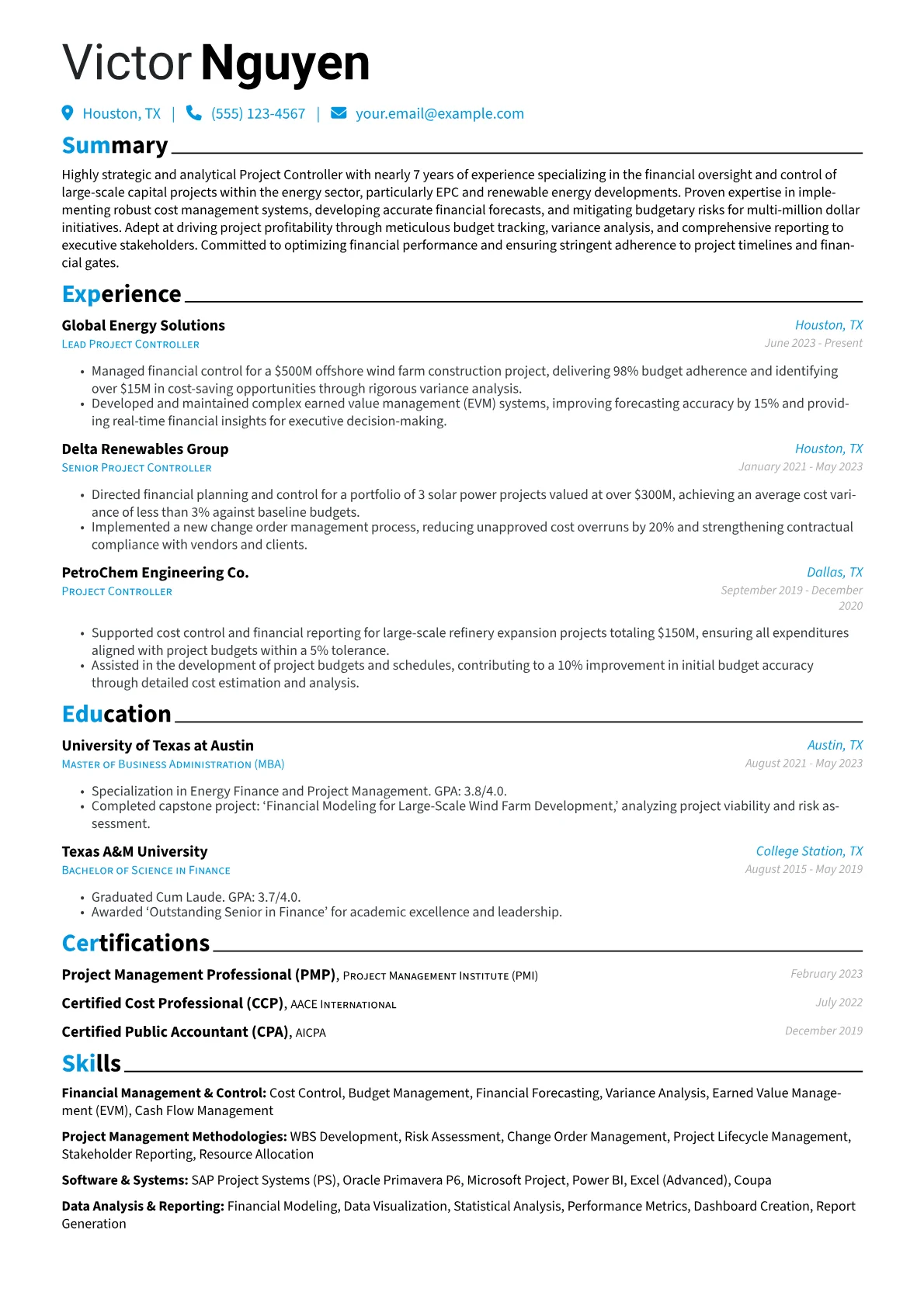 Project Controller resume example, Project Controller, page 1