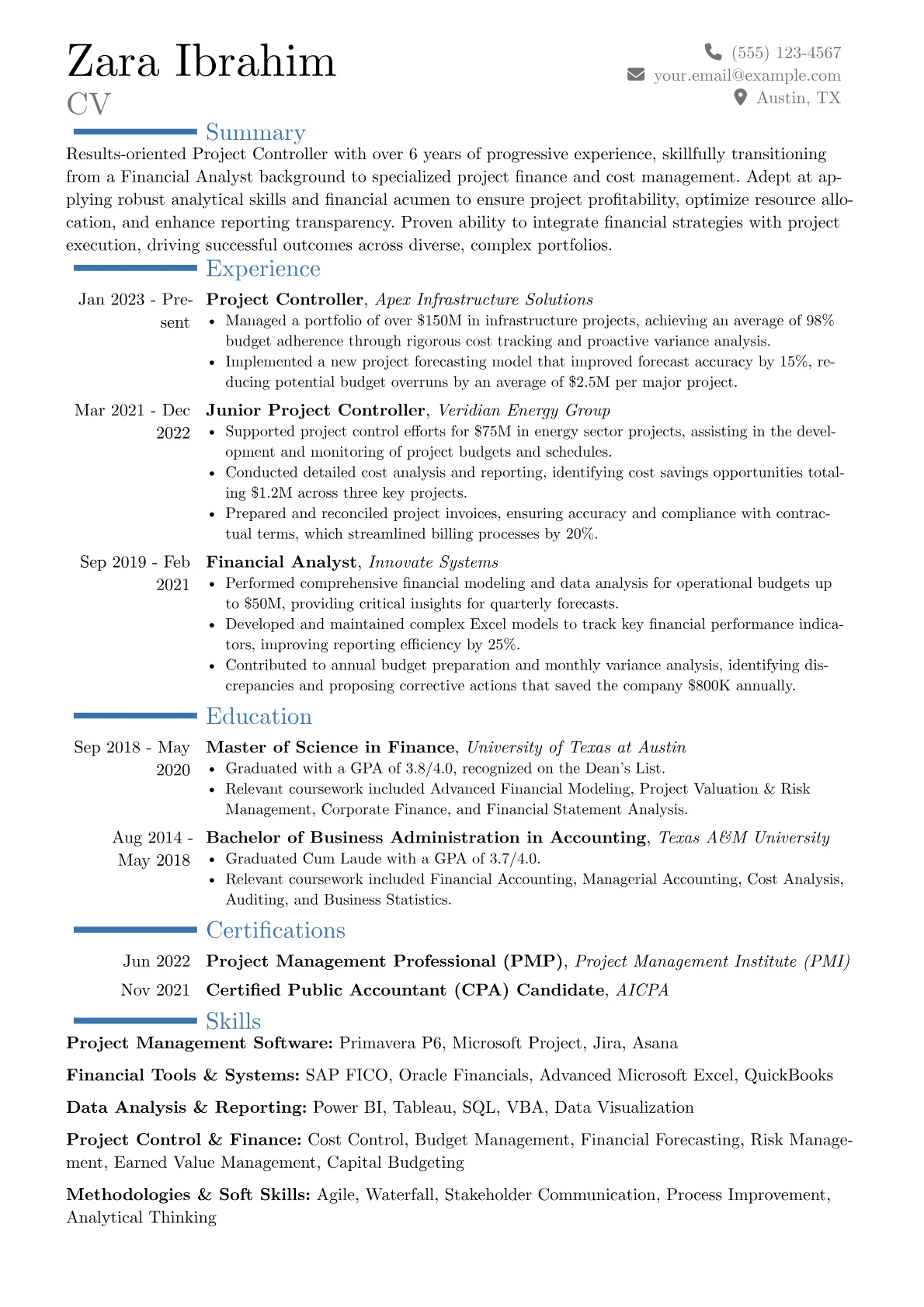 Project Controller resume example, Career changer, page 1