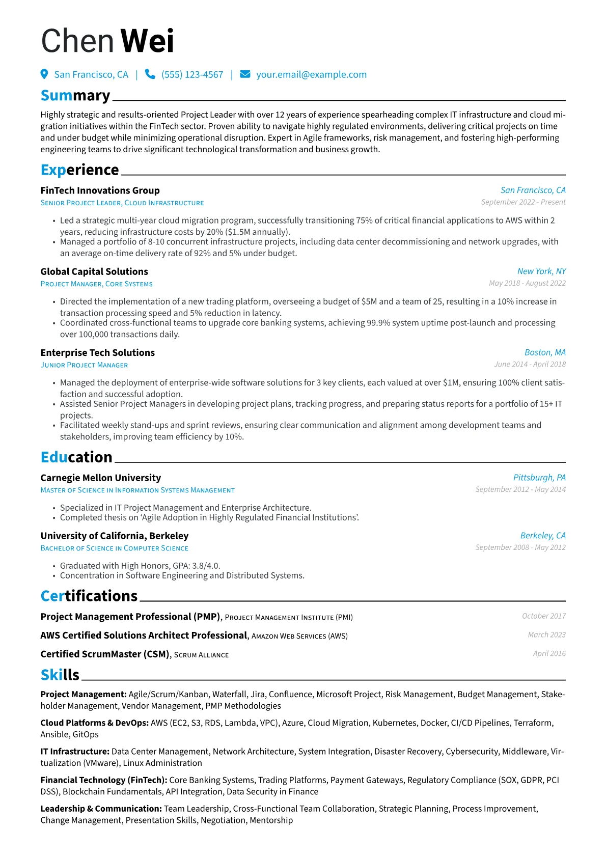 Project Leader resume example, FinTech Cloud Migration, page 1