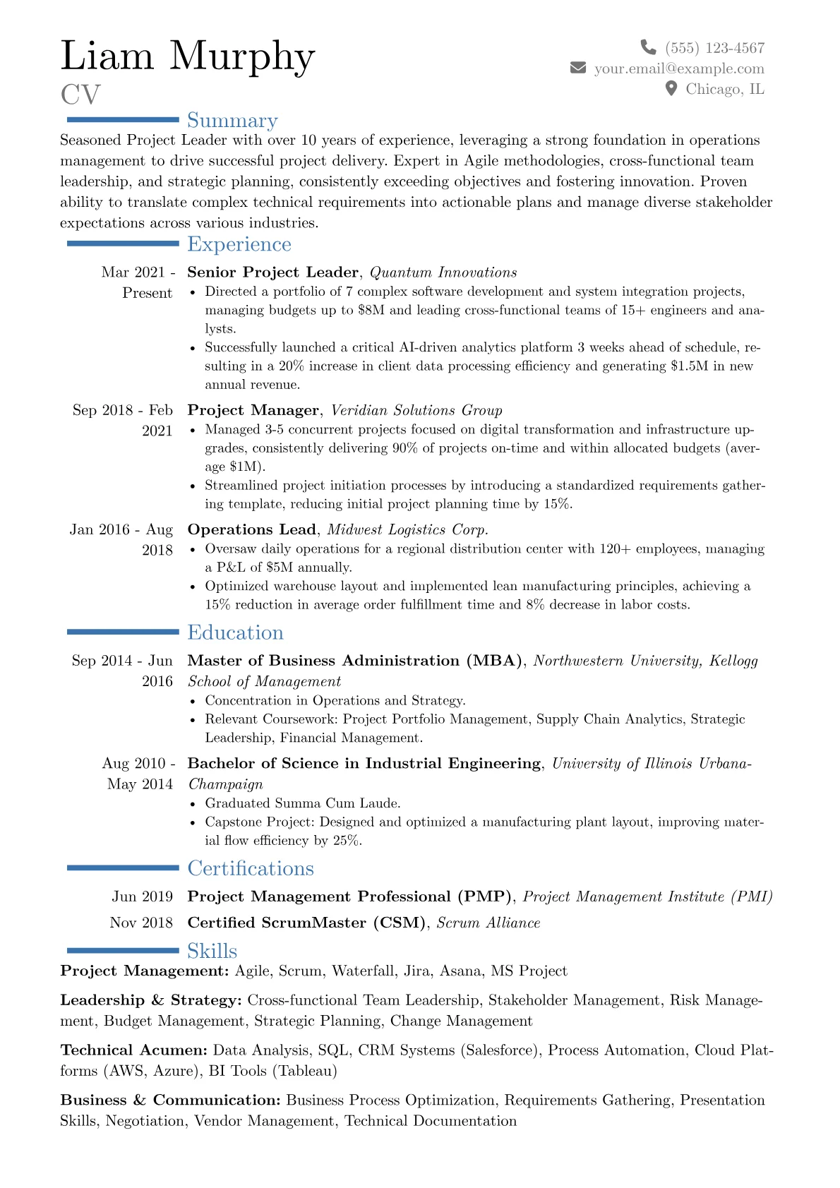 Project Leader resume example, Career changer, page 1
