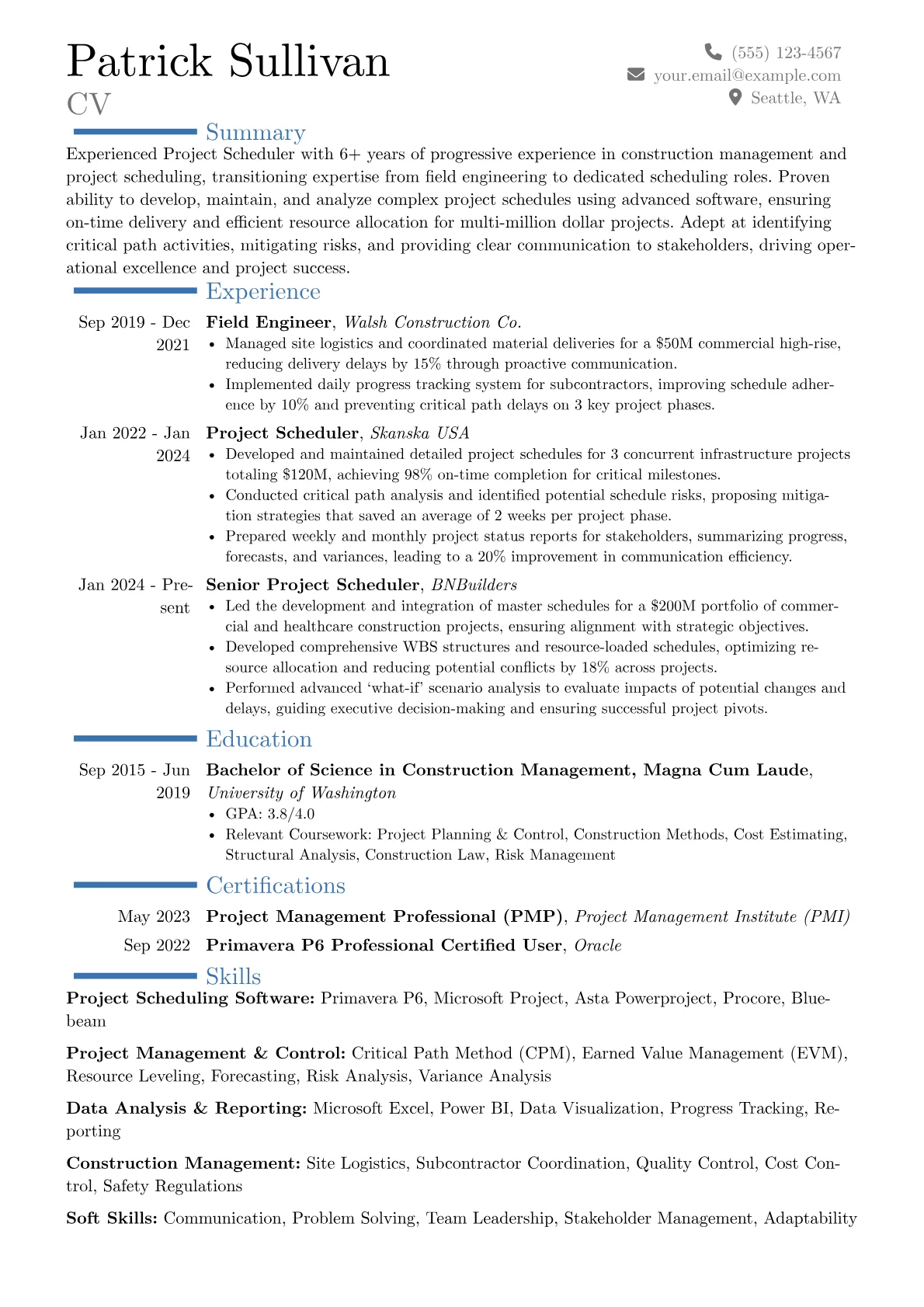 Project Scheduler resume example, Career changer, page 1