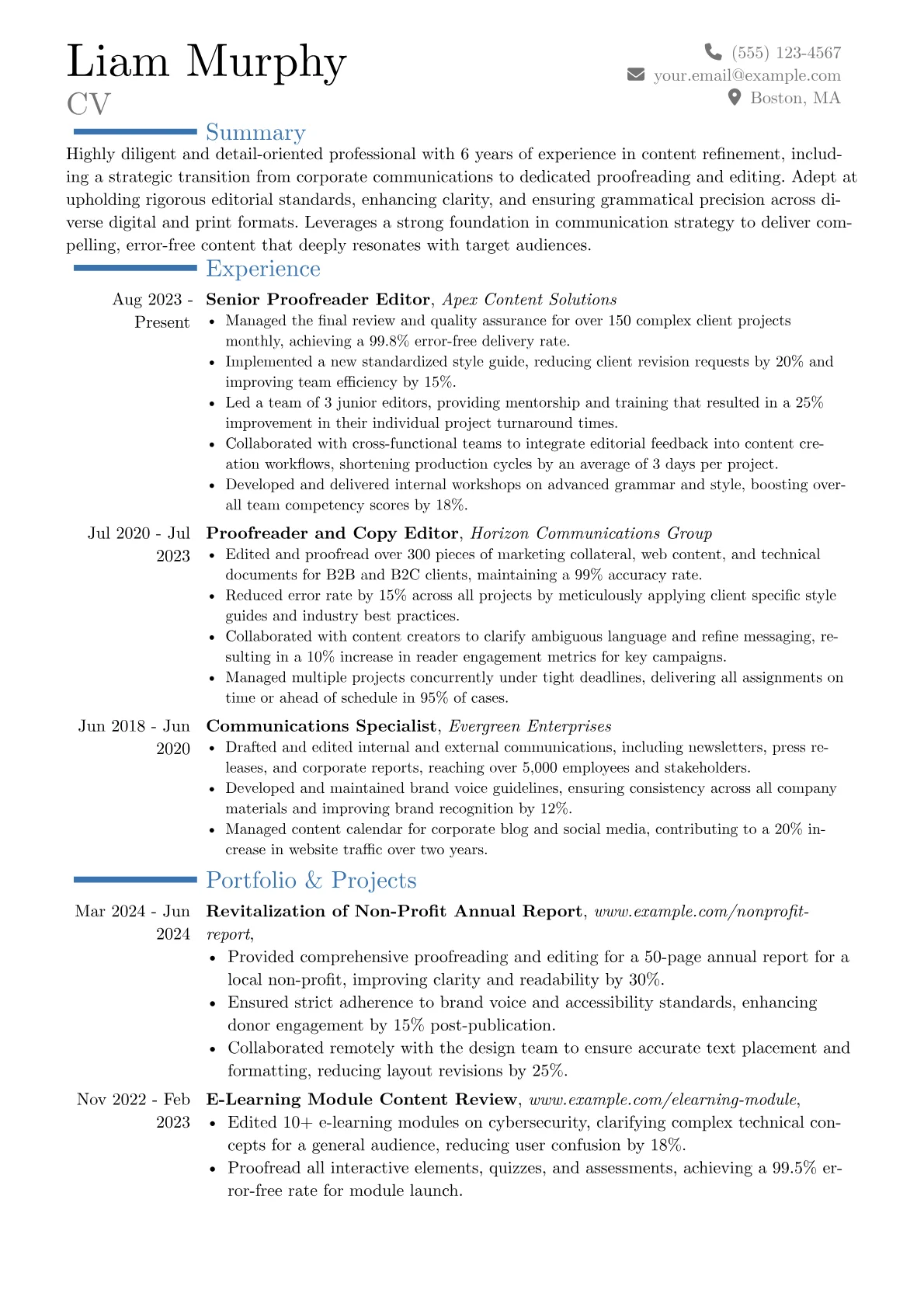 Proofreader Editor resume example, Career changer, page 1