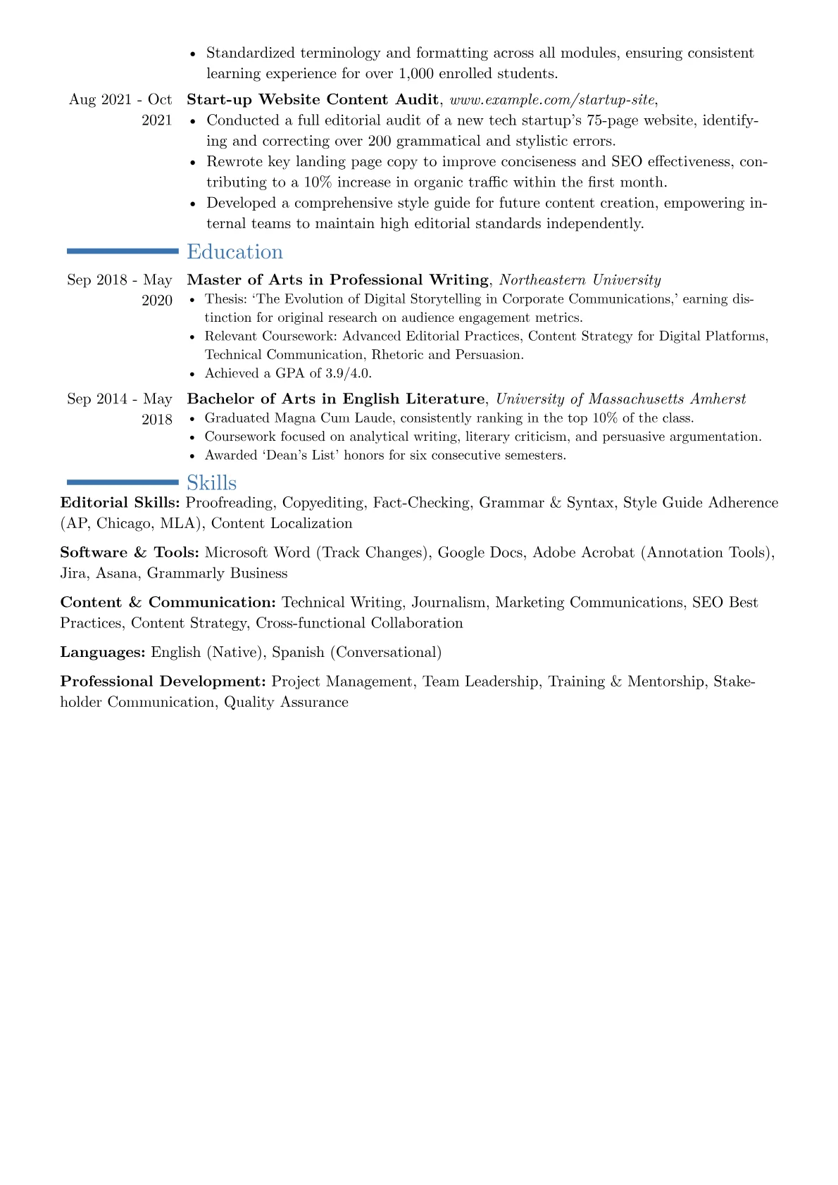 Proofreader Editor resume example, Career changer, page 2