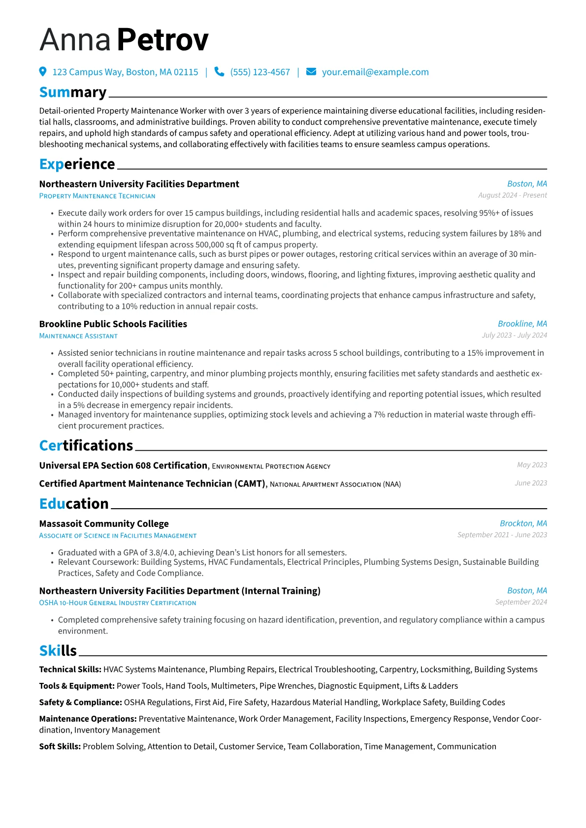 Property Maintenance Worker resume example, Technical Skills, page 1