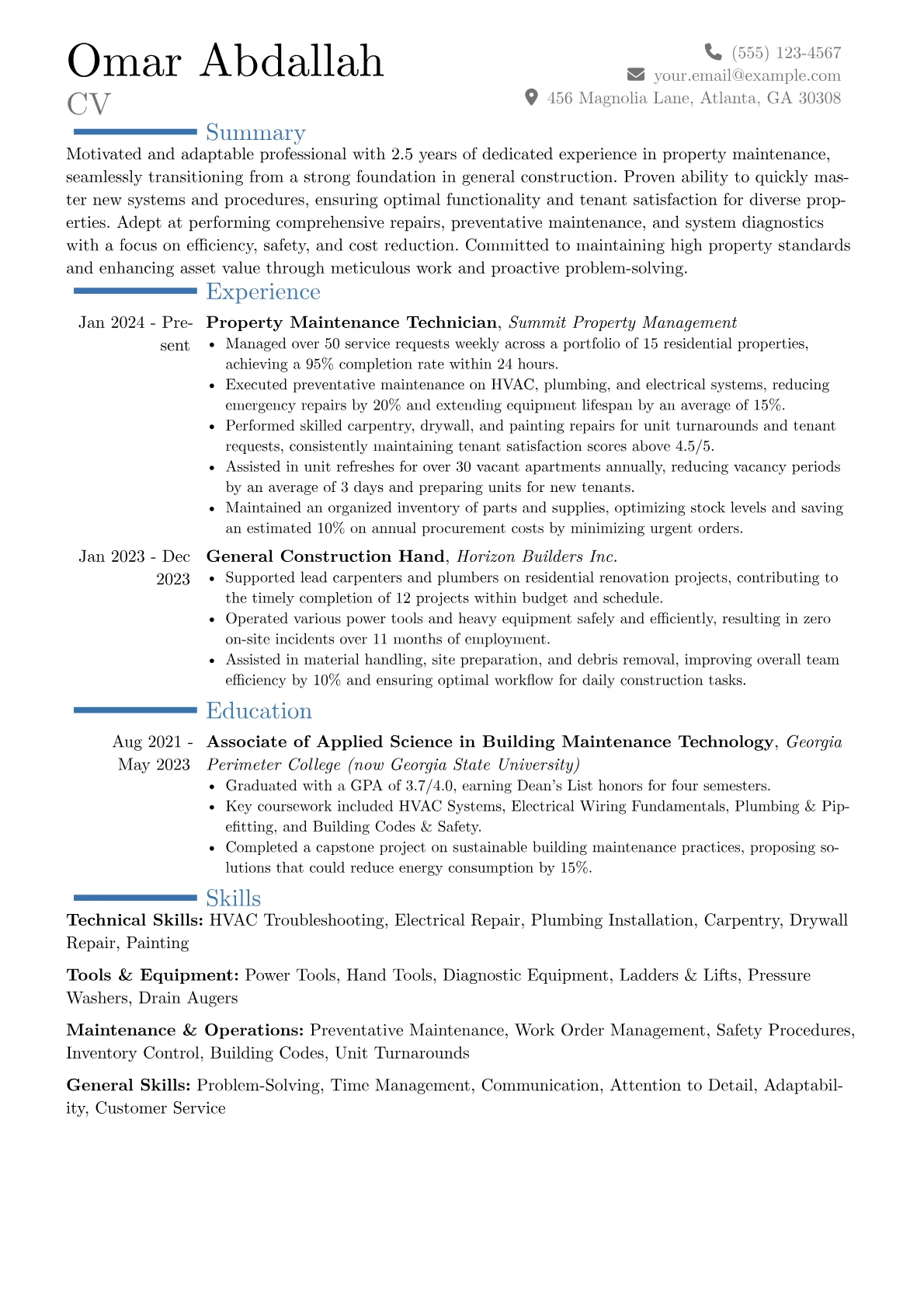 Property Maintenance Worker resume example, Career changer, page 1