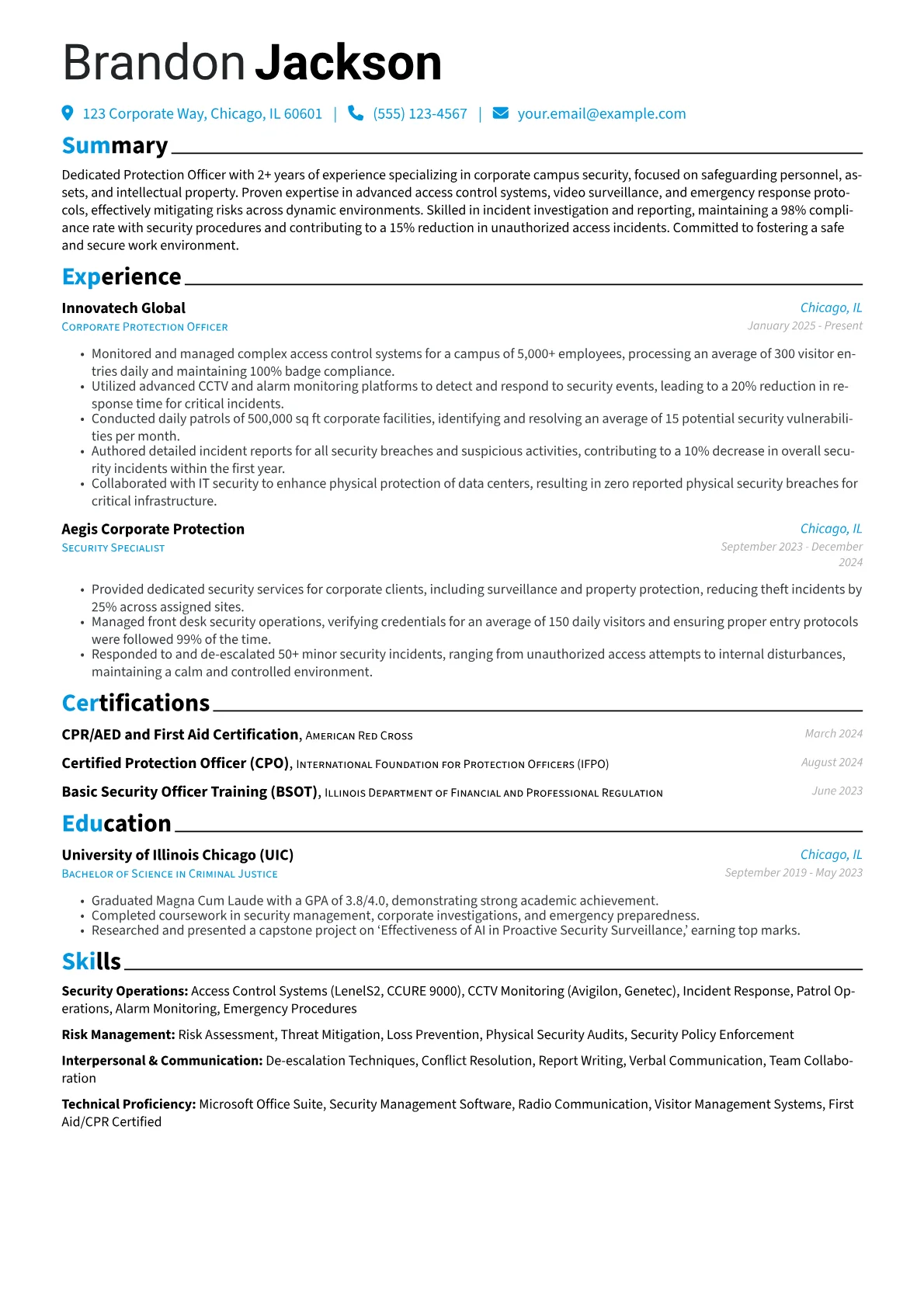 Protection Officer resume example, Corporate Campus Security, page 1
