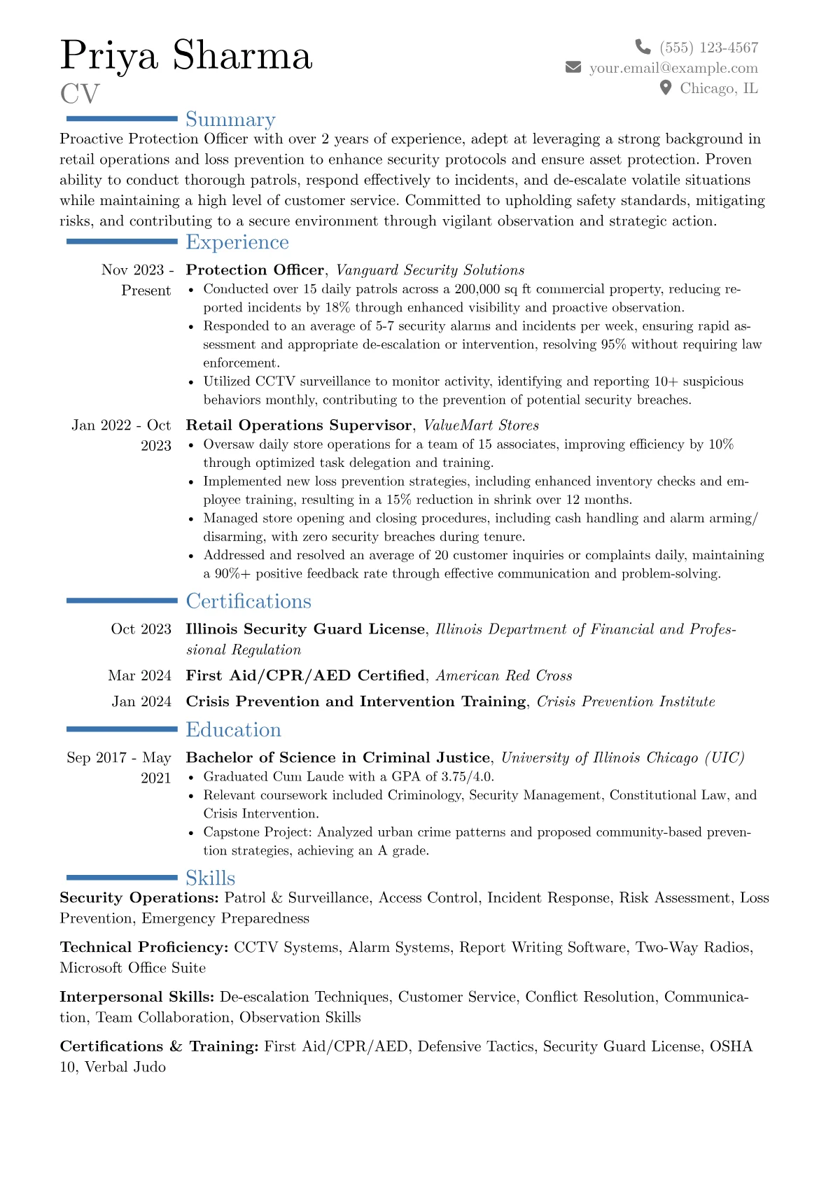 Protection Officer resume example, Career changer, page 1