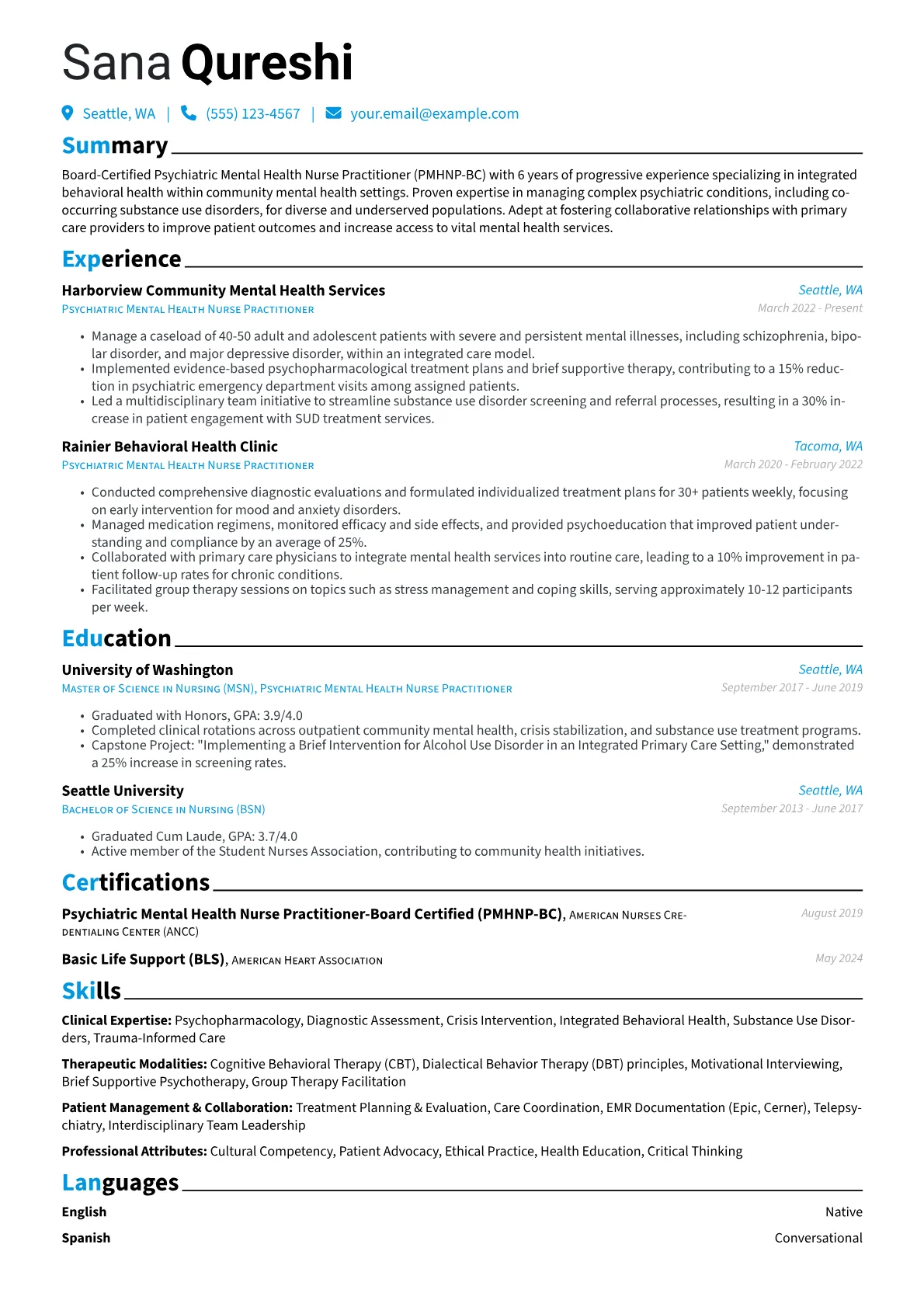 Psychiatric Mental Health Nurse Practitioner resume example, Integrated Community PMHNP, page 1