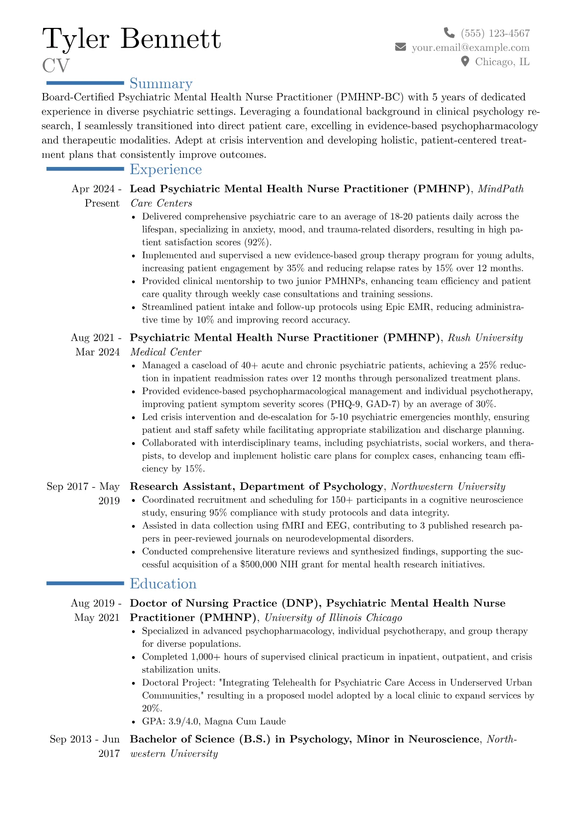 Psychiatric Mental Health Nurse Practitioner resume example, Career changer, page 1