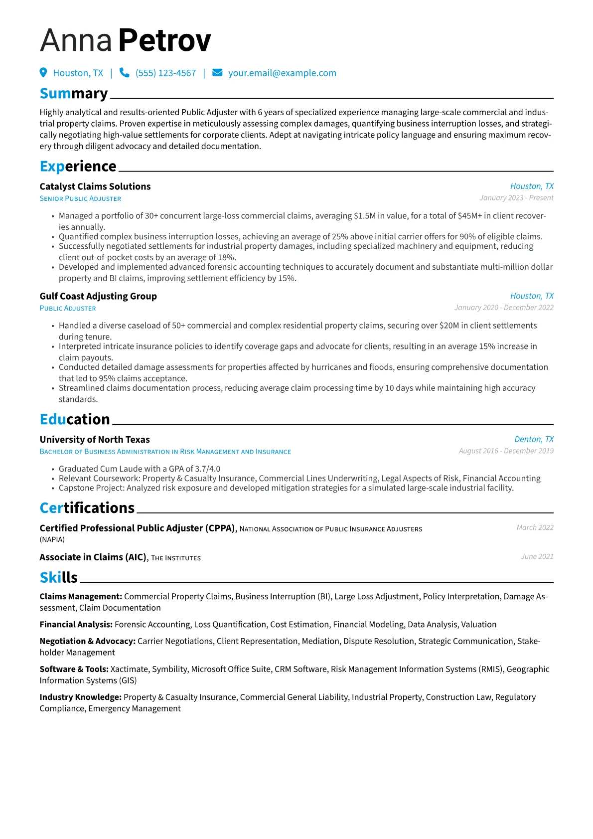 Public Adjuster resume example, Commercial & Industrial, page 1