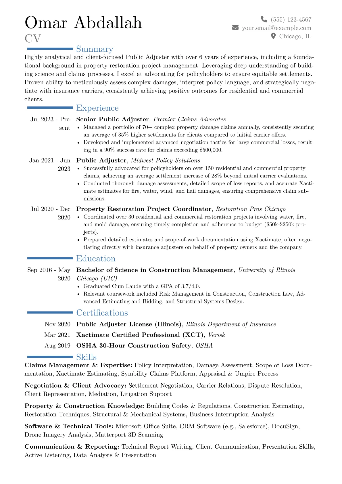 Public Adjuster resume example, Career changer, page 1