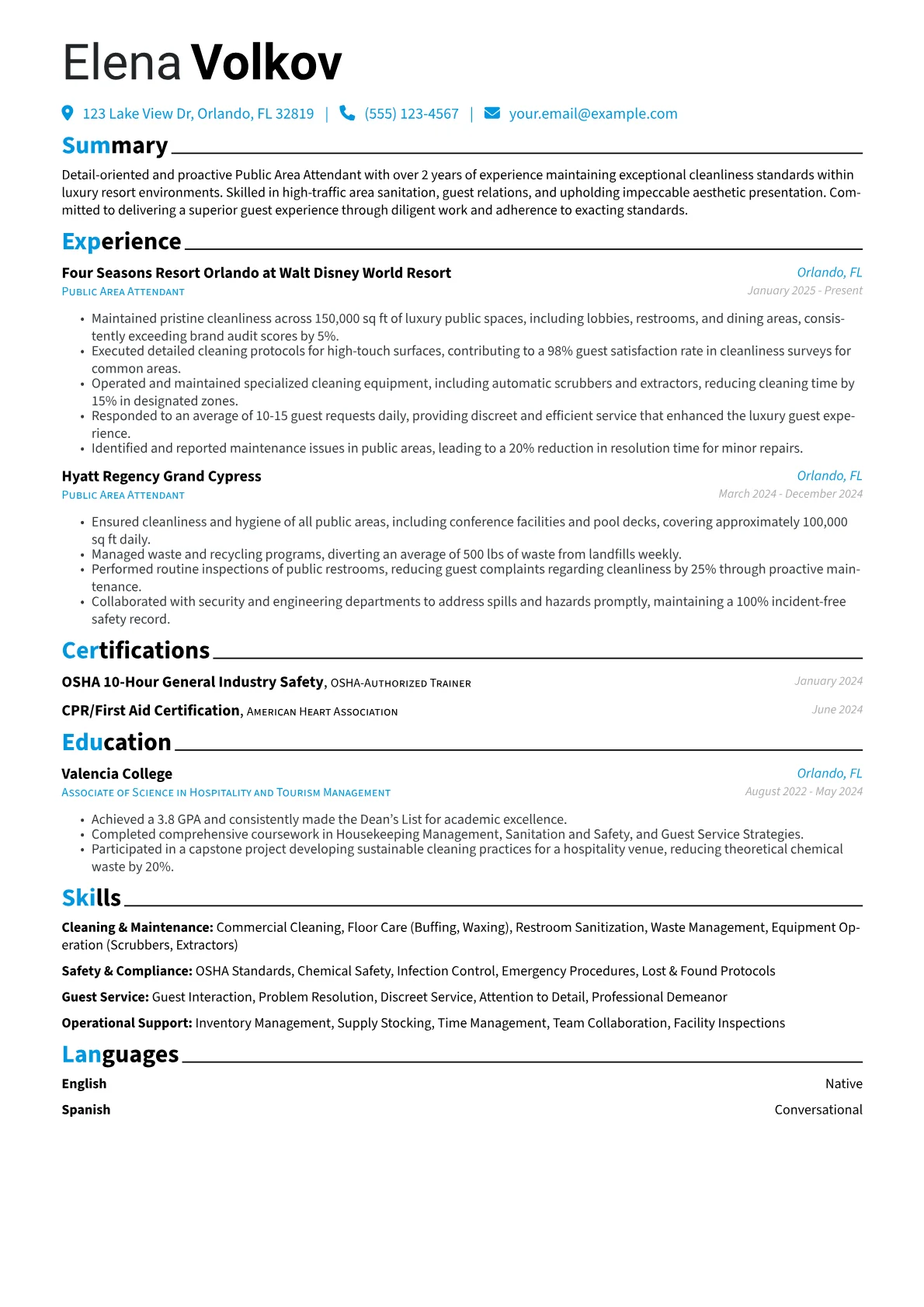 Public Area Attendant resume example, Cleaning & Maintenance, page 1