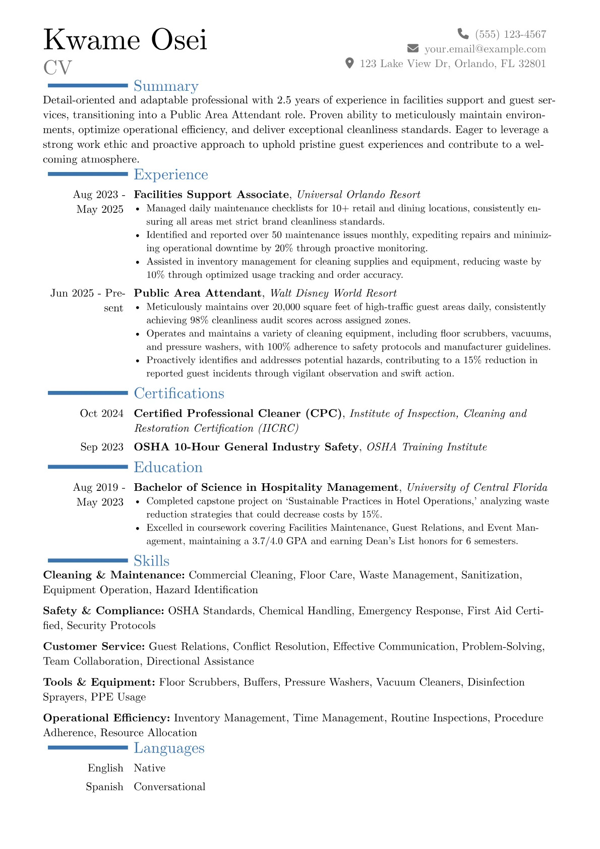 Public Area Attendant resume example, Career changer, page 1