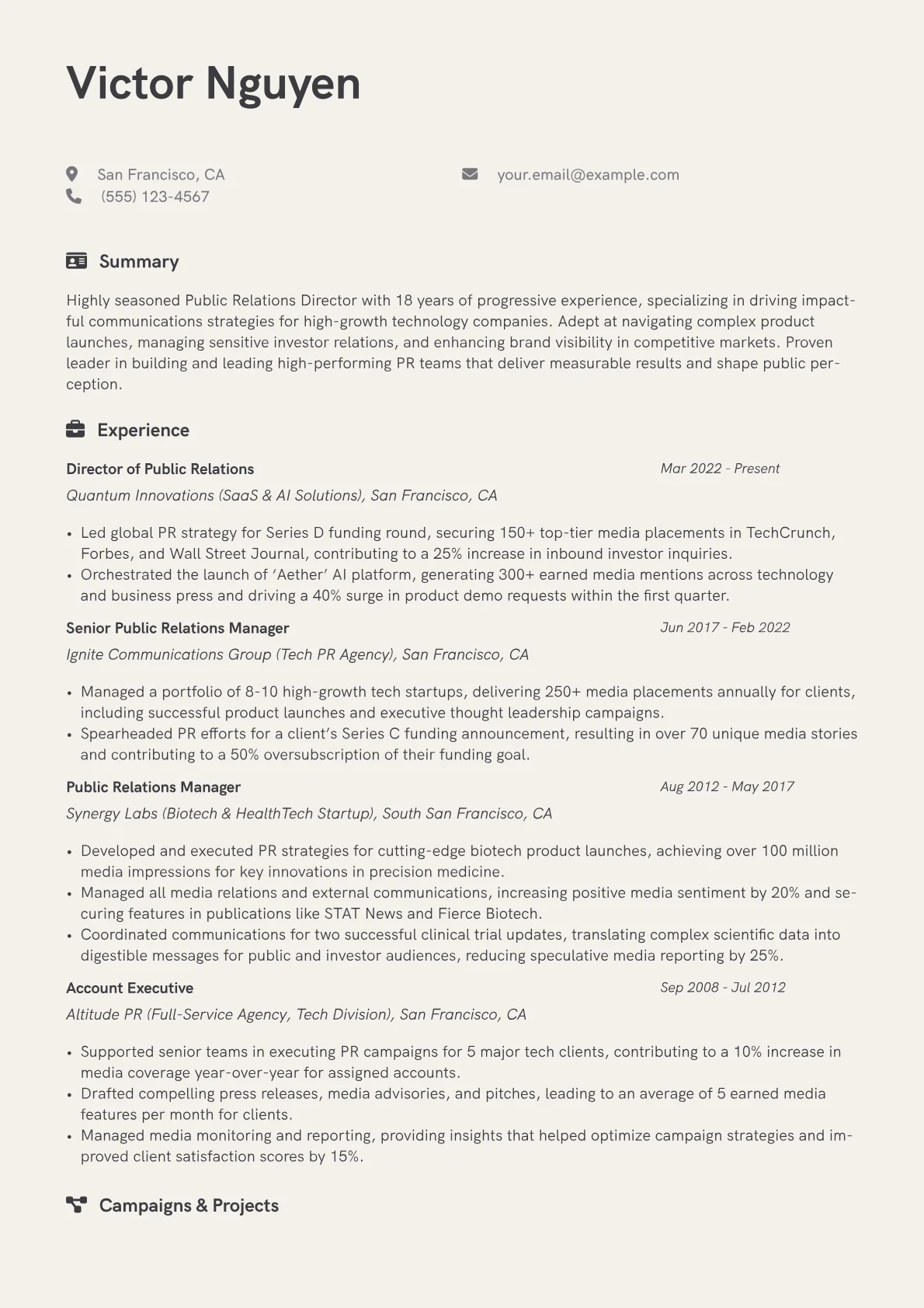 Public Relations Director resume example, Public Relations Director, page 1