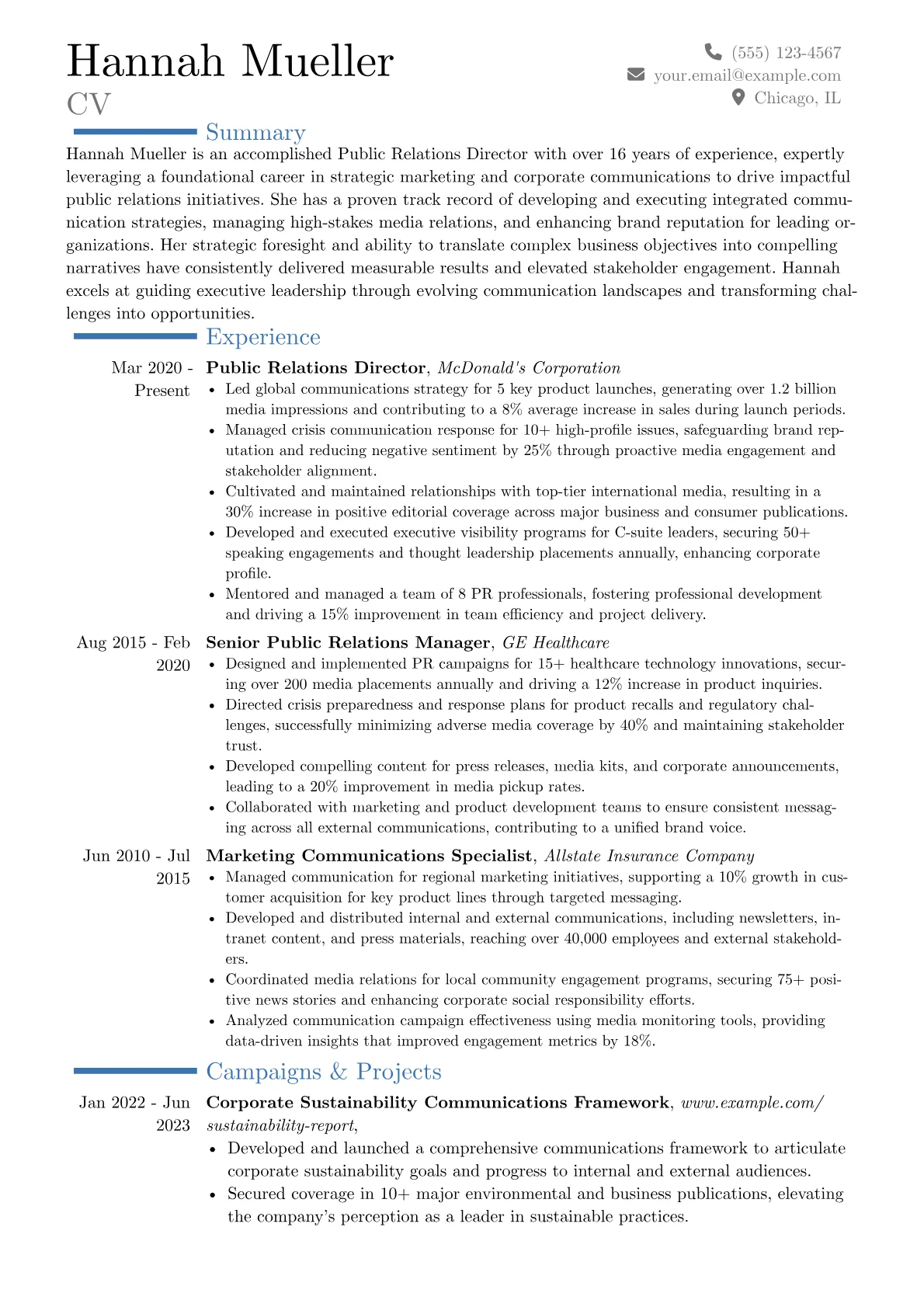 Public Relations Director resume example, Career changer, page 1