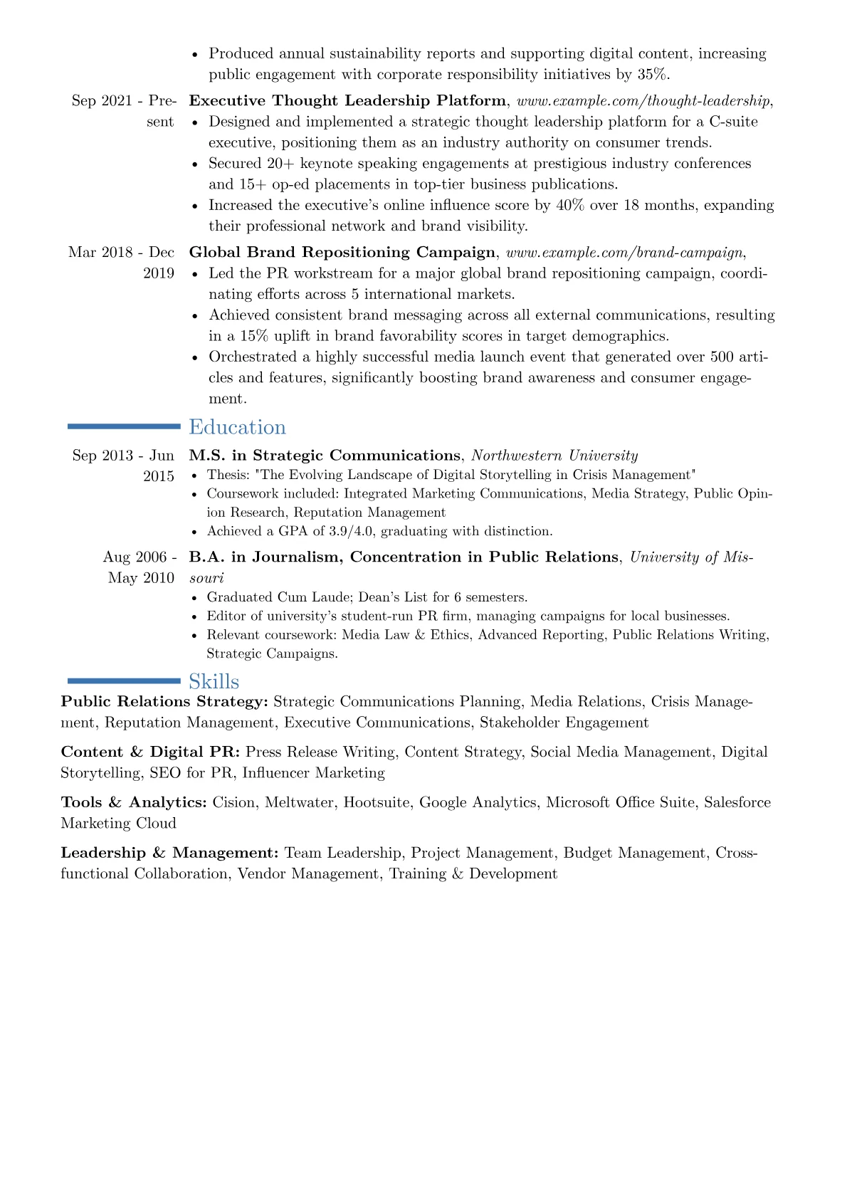 Public Relations Director resume example, Career changer, page 2