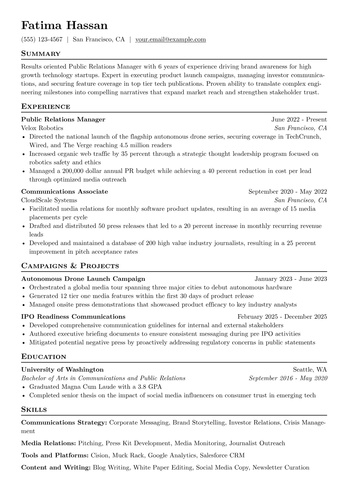Public Relations Manager resume example, Tech PR Specialist, page 1