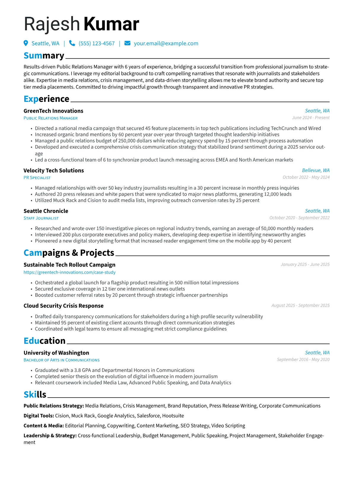Public Relations Manager resume example, Career changer, page 1