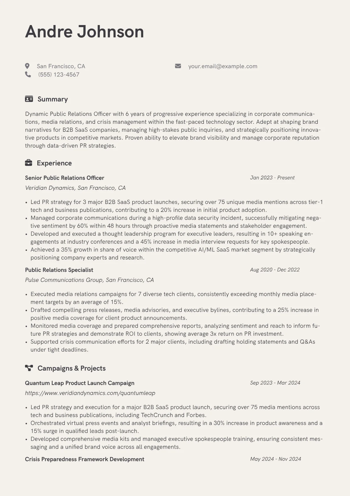 Public Relations Officer resume example, Media Relations, page 1