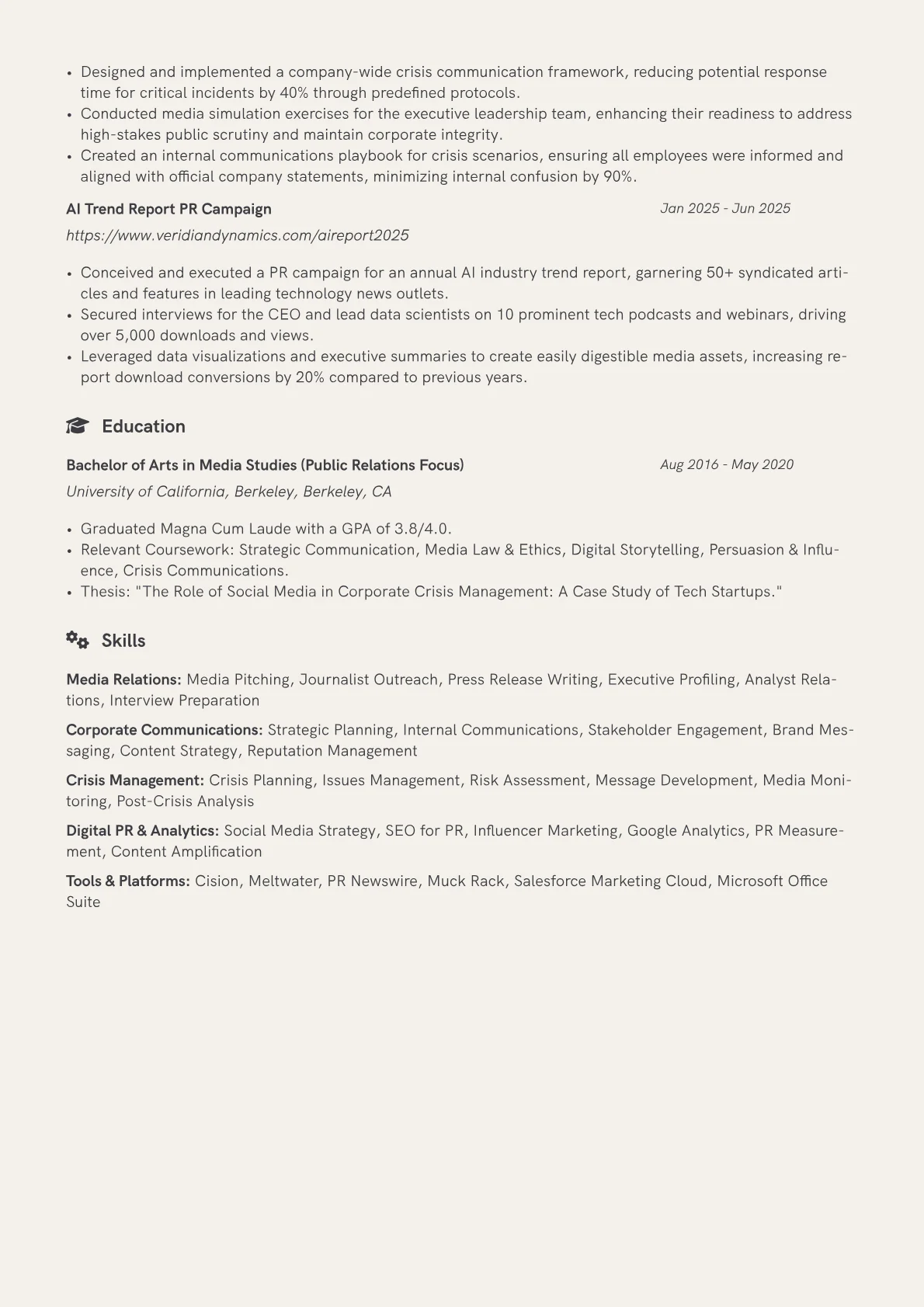 Public Relations Officer resume example, Media Relations, page 2