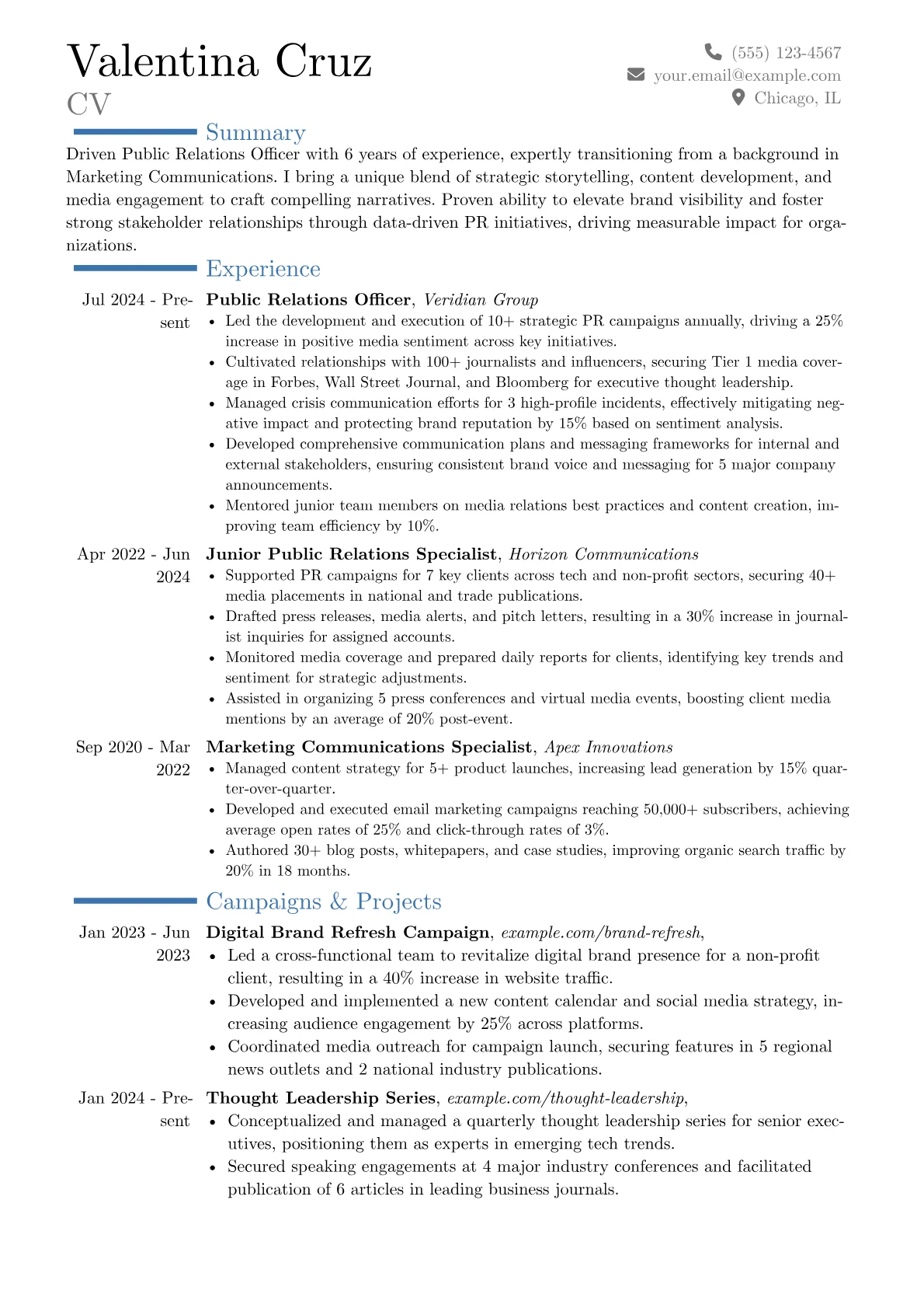 Public Relations Officer resume example, Career changer, page 1