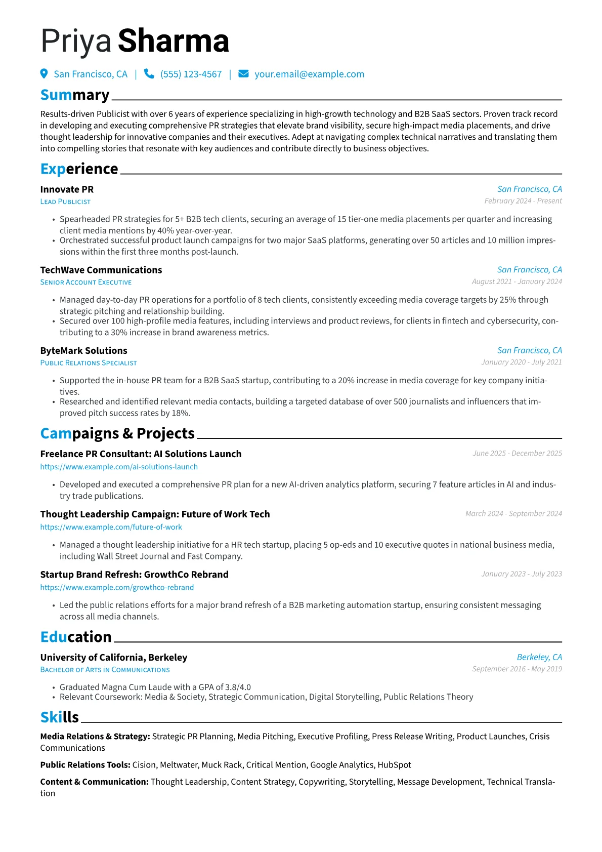 Publicist resume example, Publicist: Tech Niche, page 1