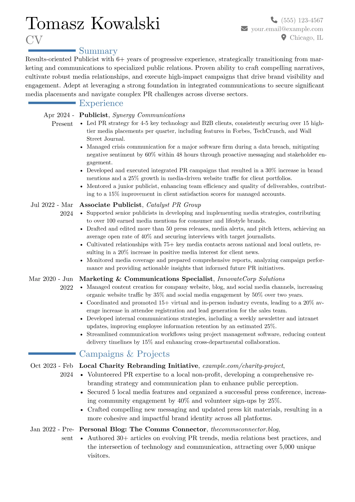 Publicist resume example, Career changer, page 1