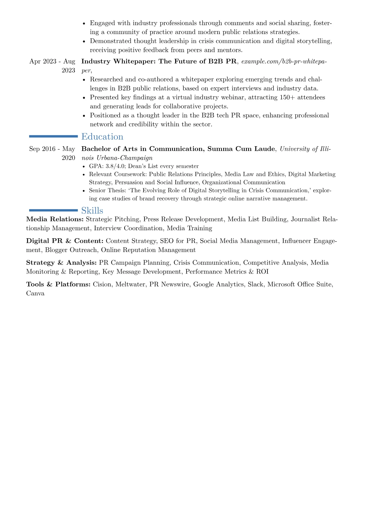 Publicist resume example, Career changer, page 2
