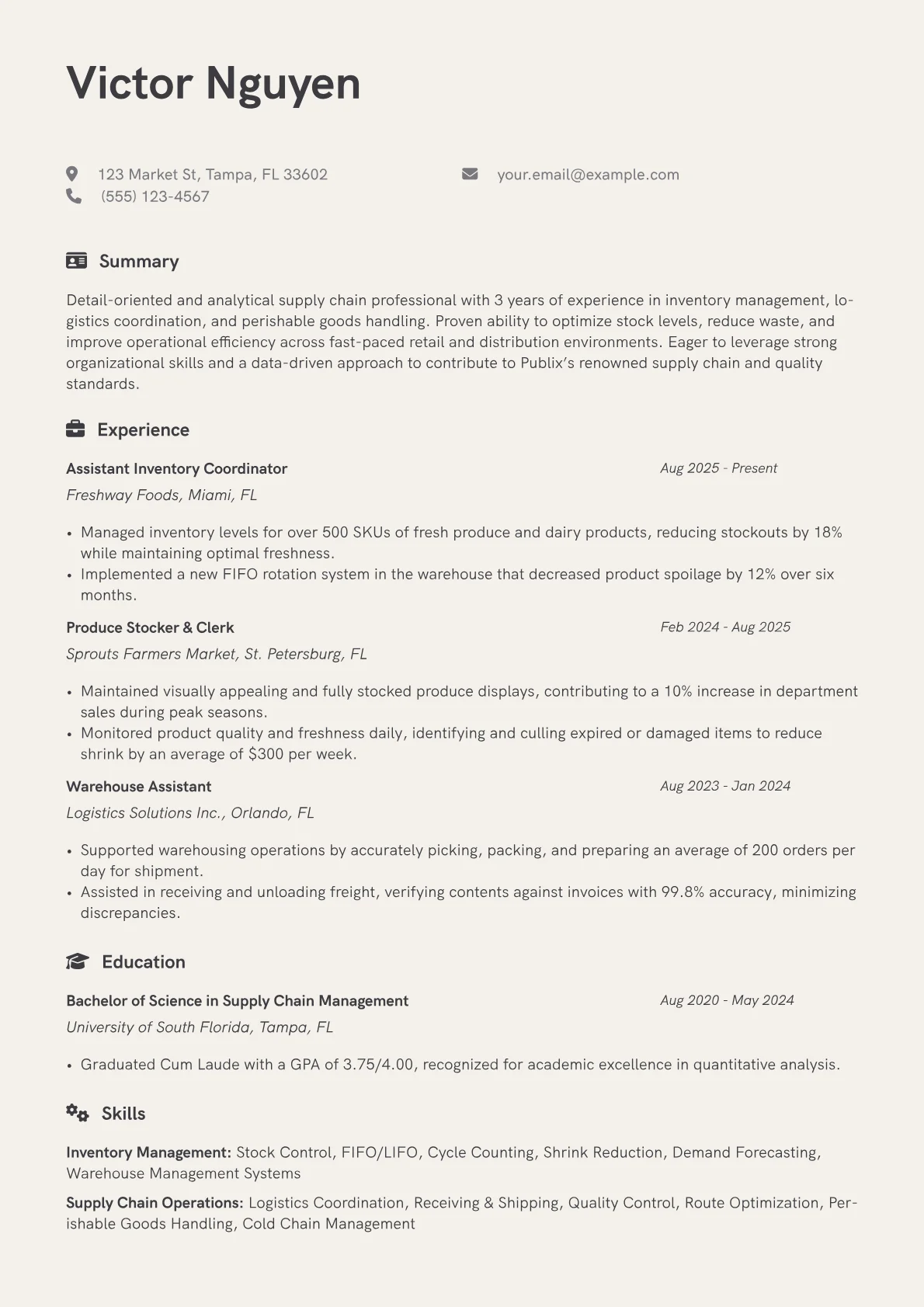 Publix resume example, Logistics & Inventory, page 1