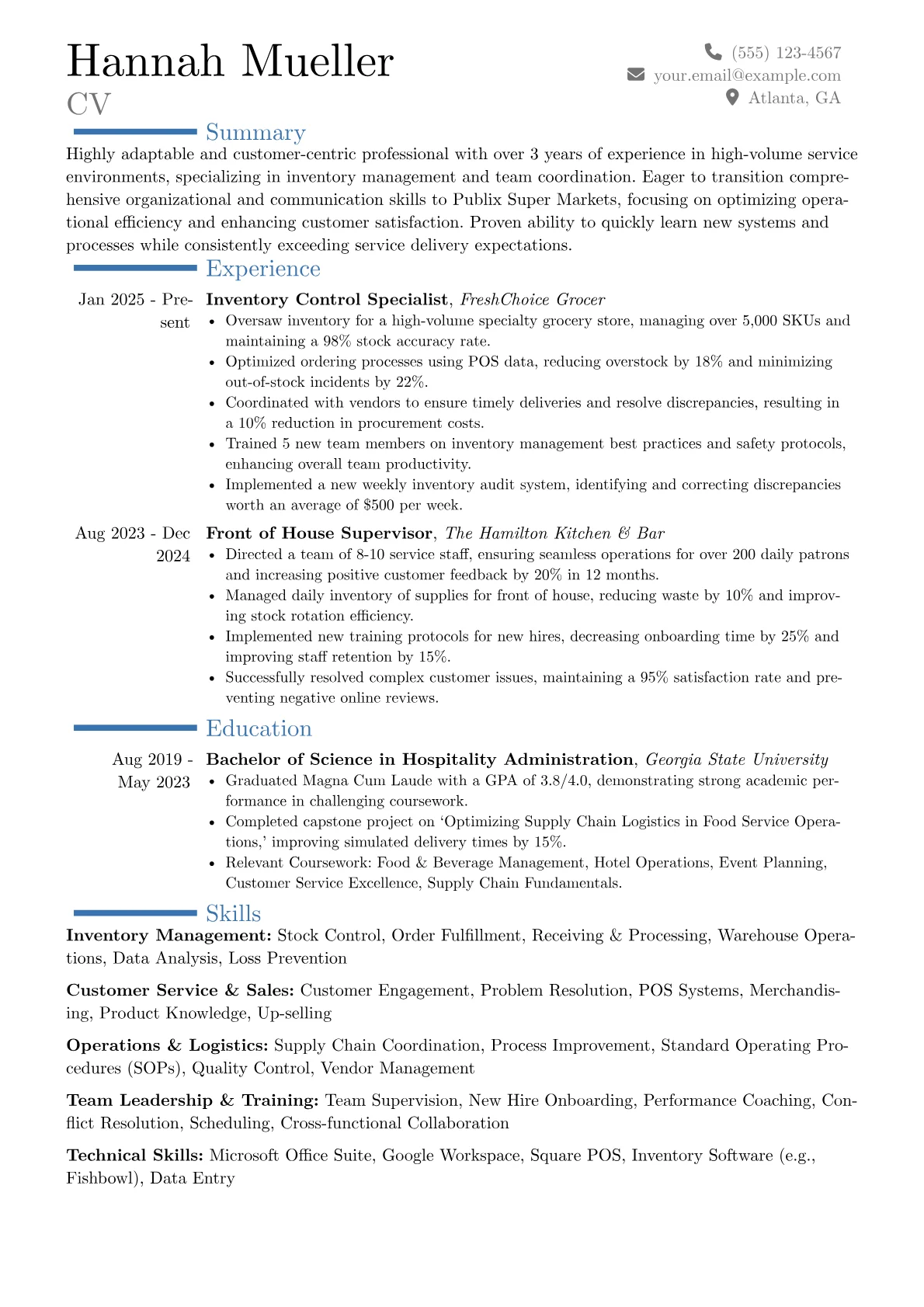 Publix resume example, Career changer, page 1