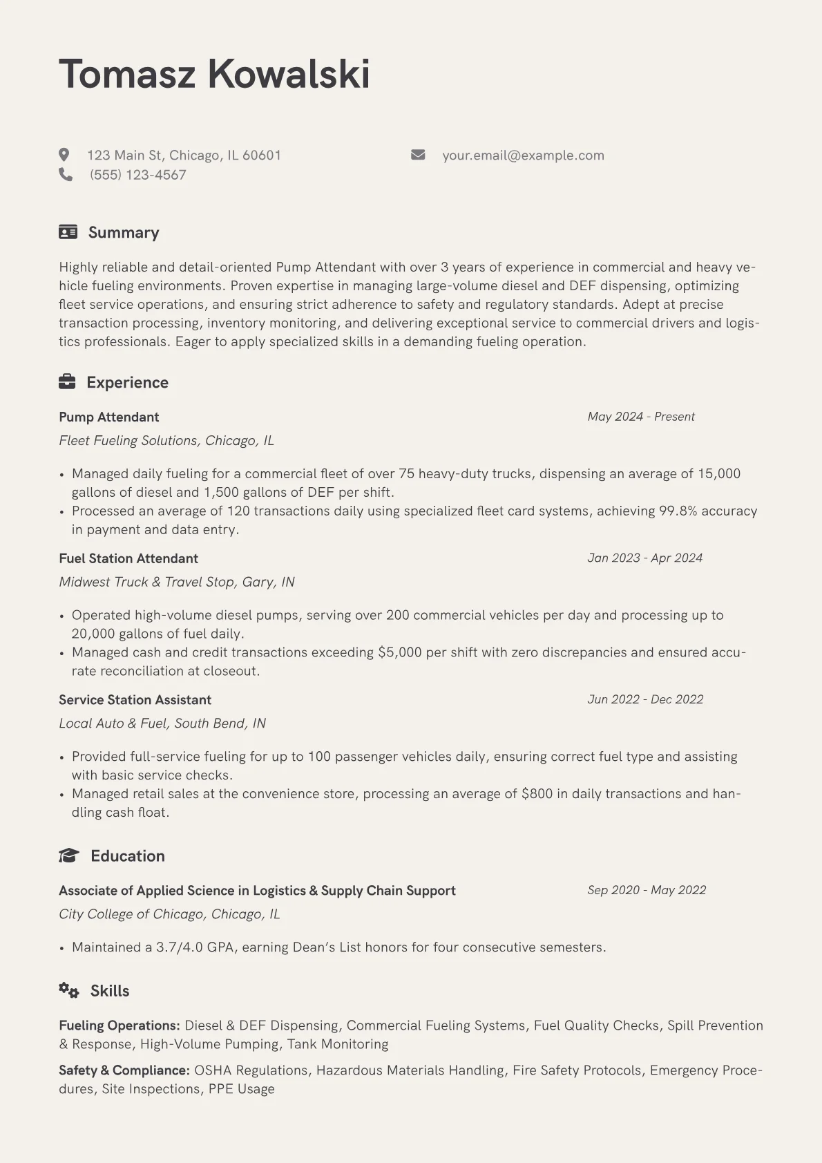 Pump Attendant resume example, Pump Attendant, page 1