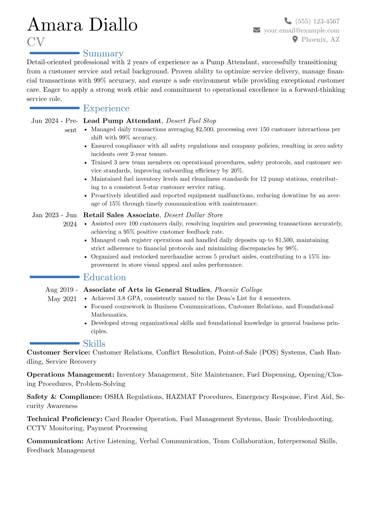 Pump Attendant resume example, Career changer, page 1