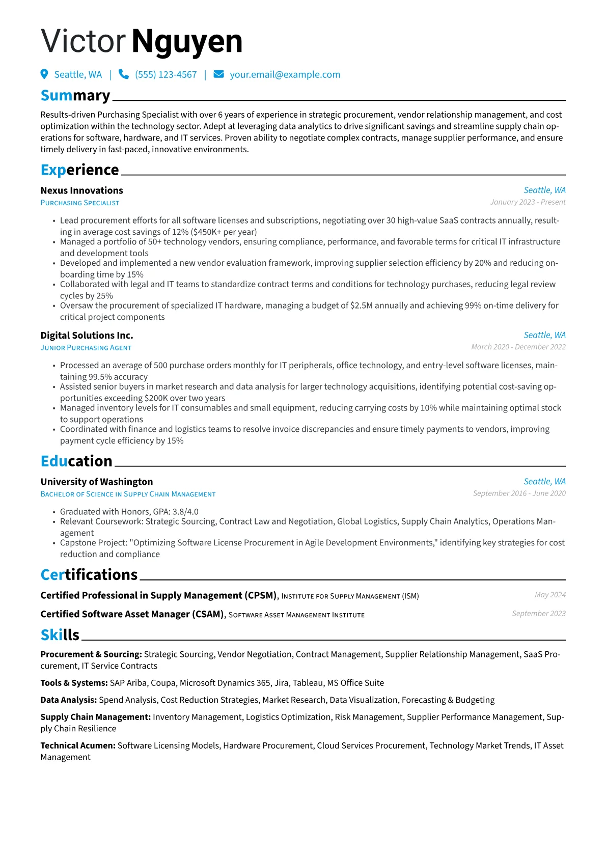 Purchasing Specialist resume example, Software & IT Purchasing, page 1