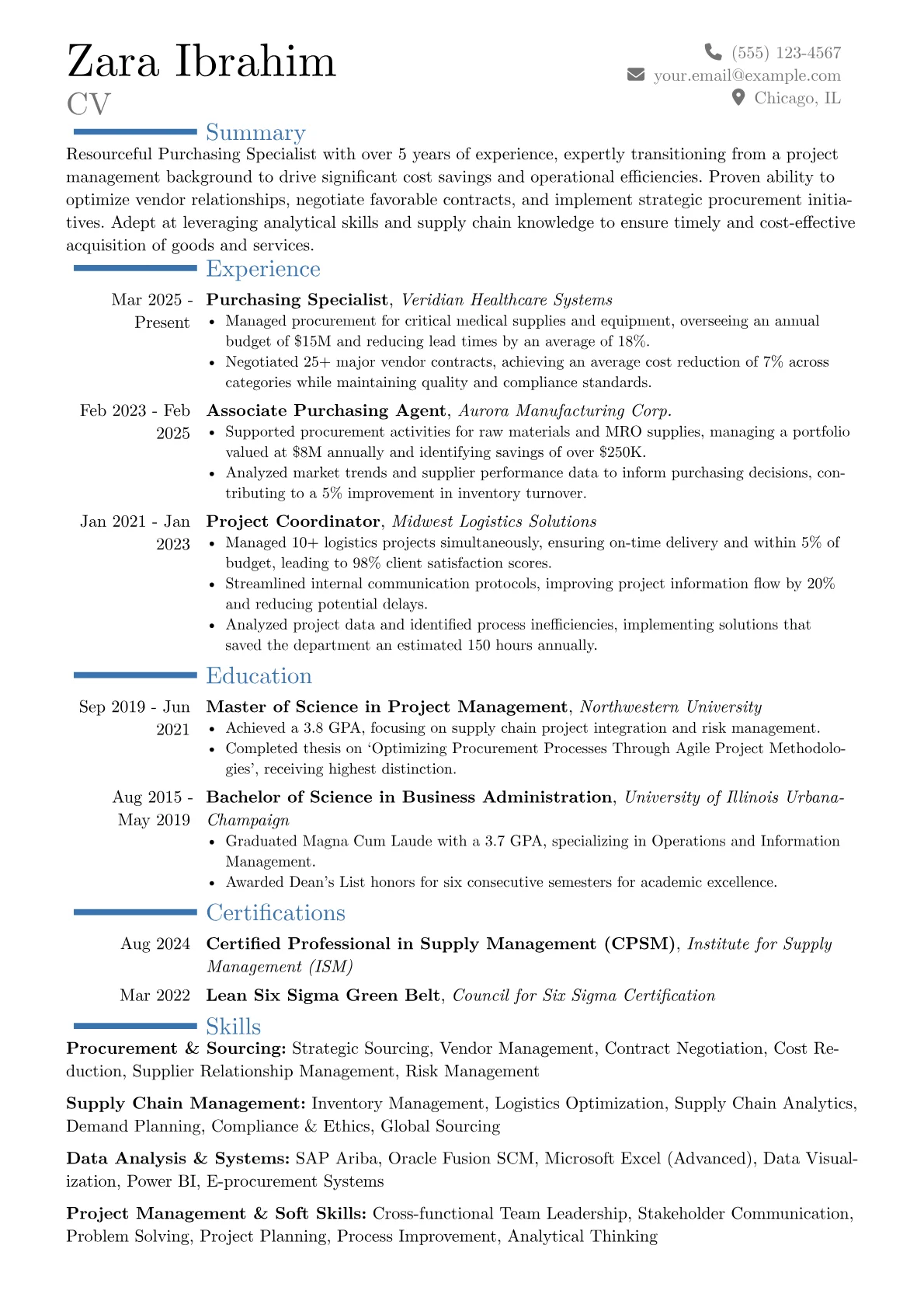 Purchasing Specialist resume example, Career changer, page 1