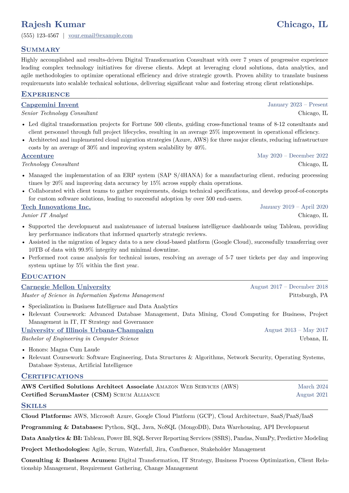 PwC resume example, Technology Consulting, page 1