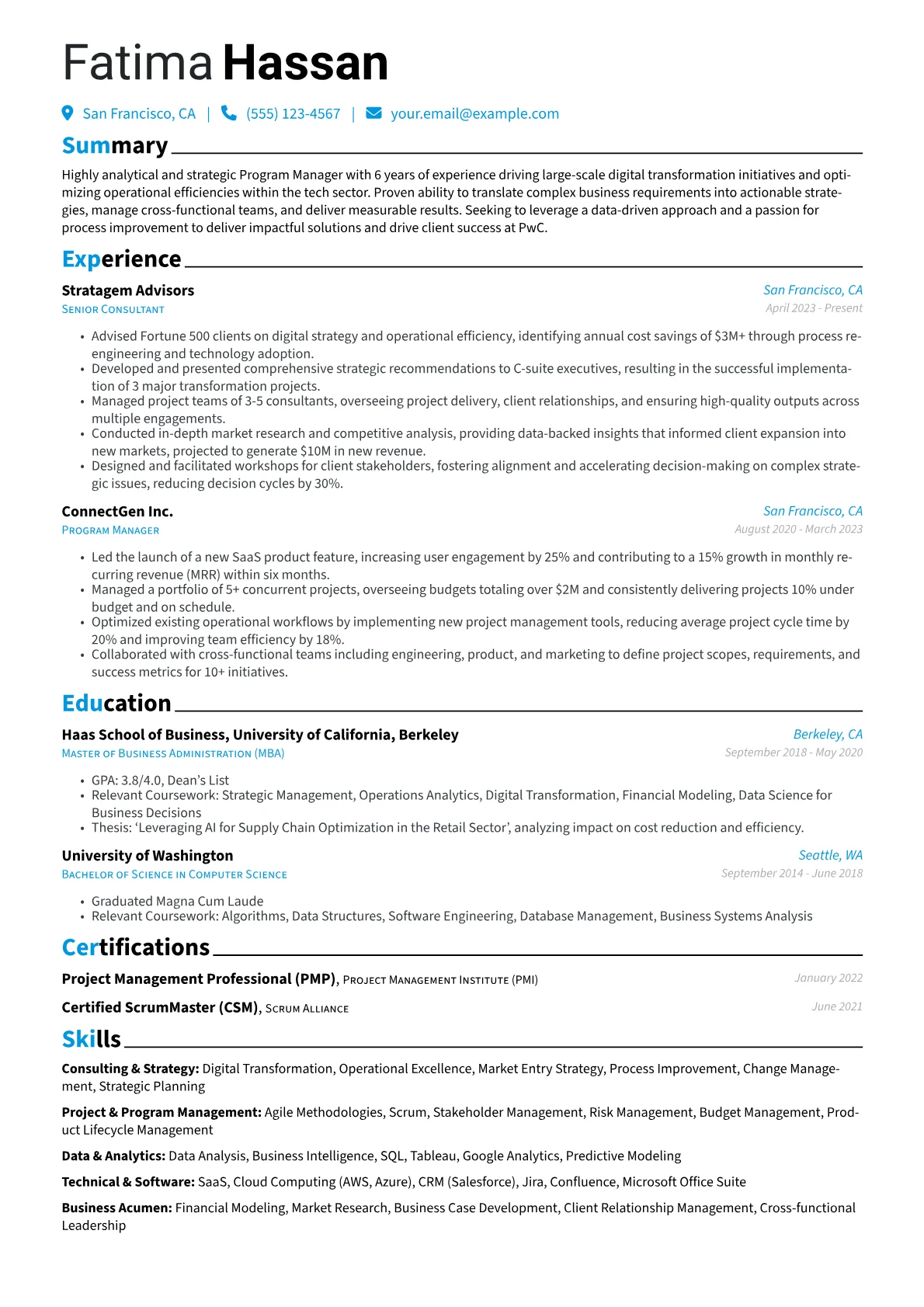 PwC resume example, Career changer, page 1