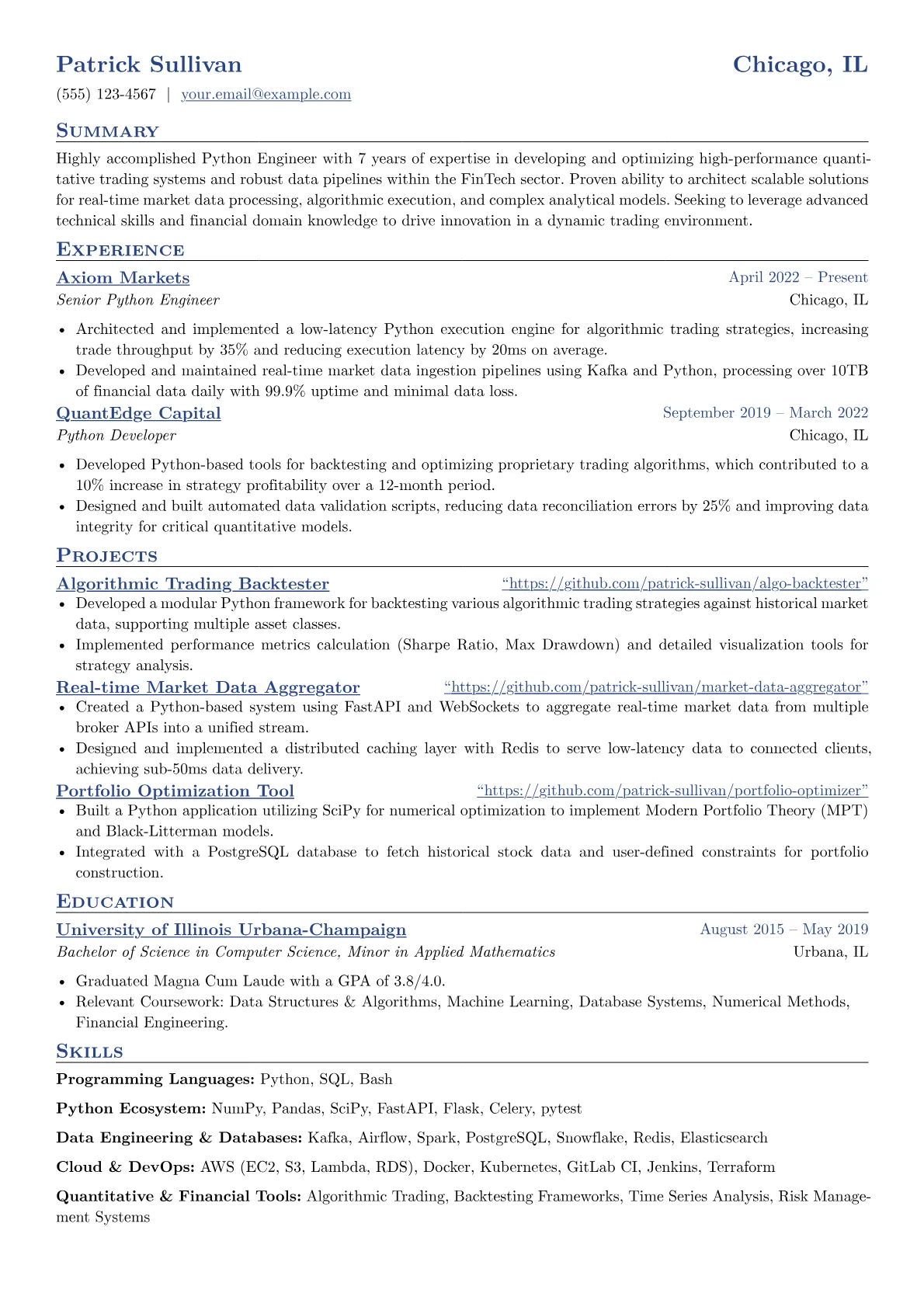 Python Engineer resume example, FinTech Specialist, page 1