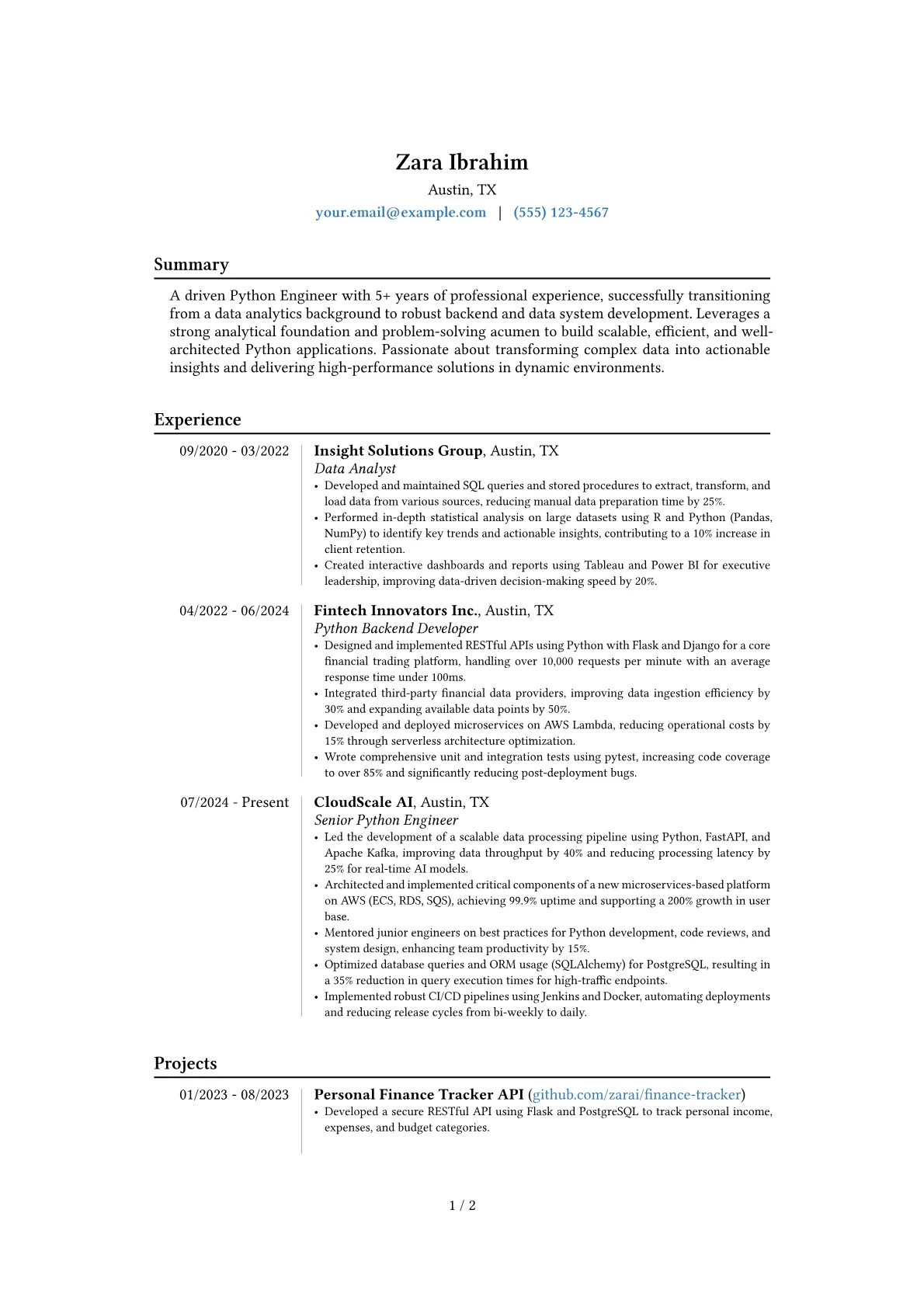 Python Engineer resume example, Career changer, page 1