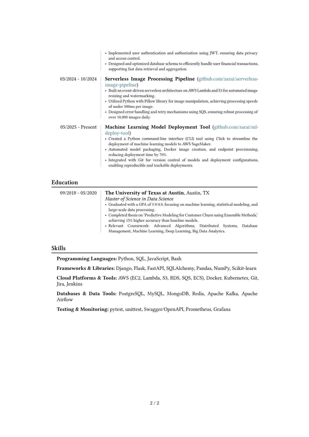 Python Engineer resume example, Career changer, page 2